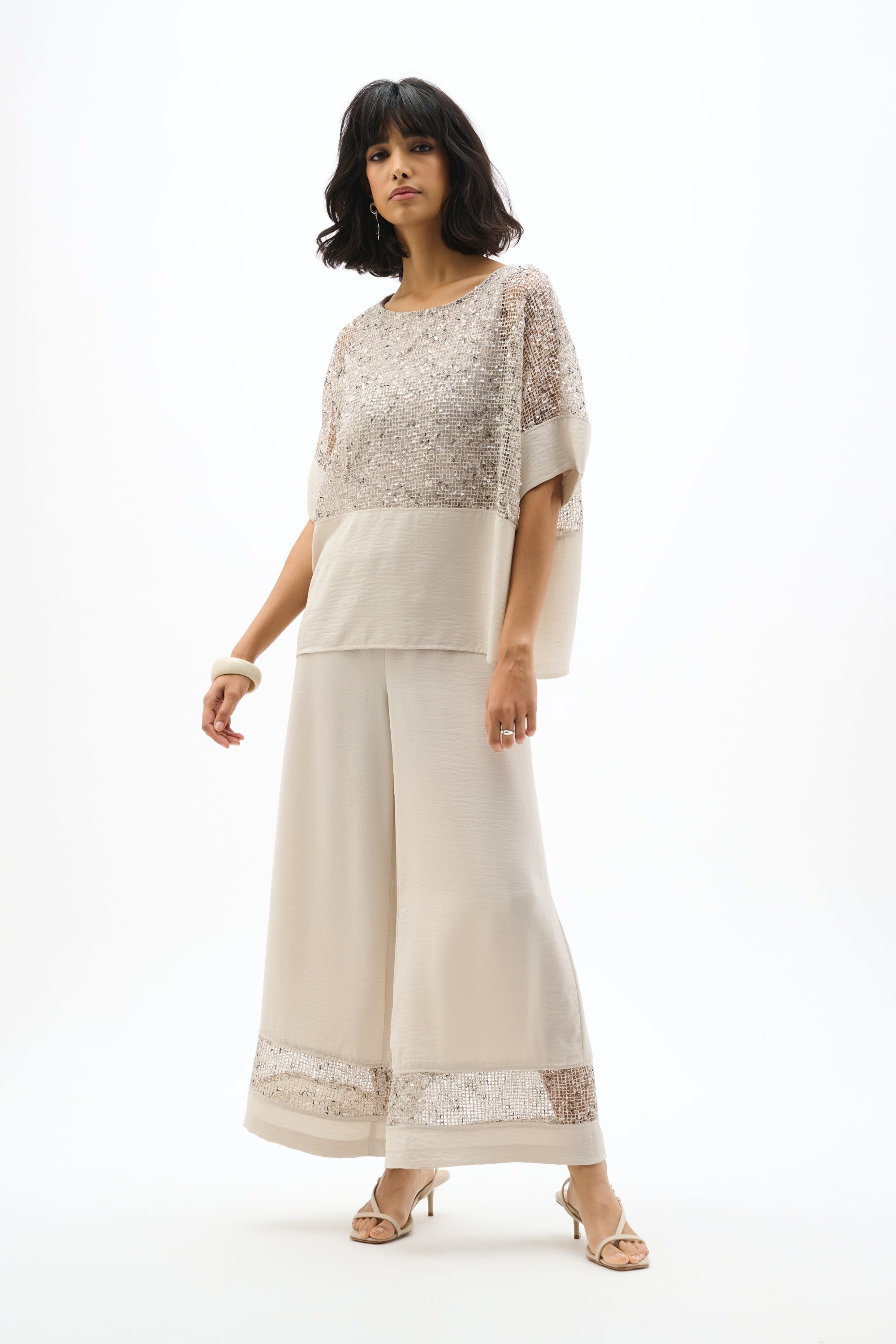Gauze Pull-On Culotte Pants With Sequined Mesh Inserts