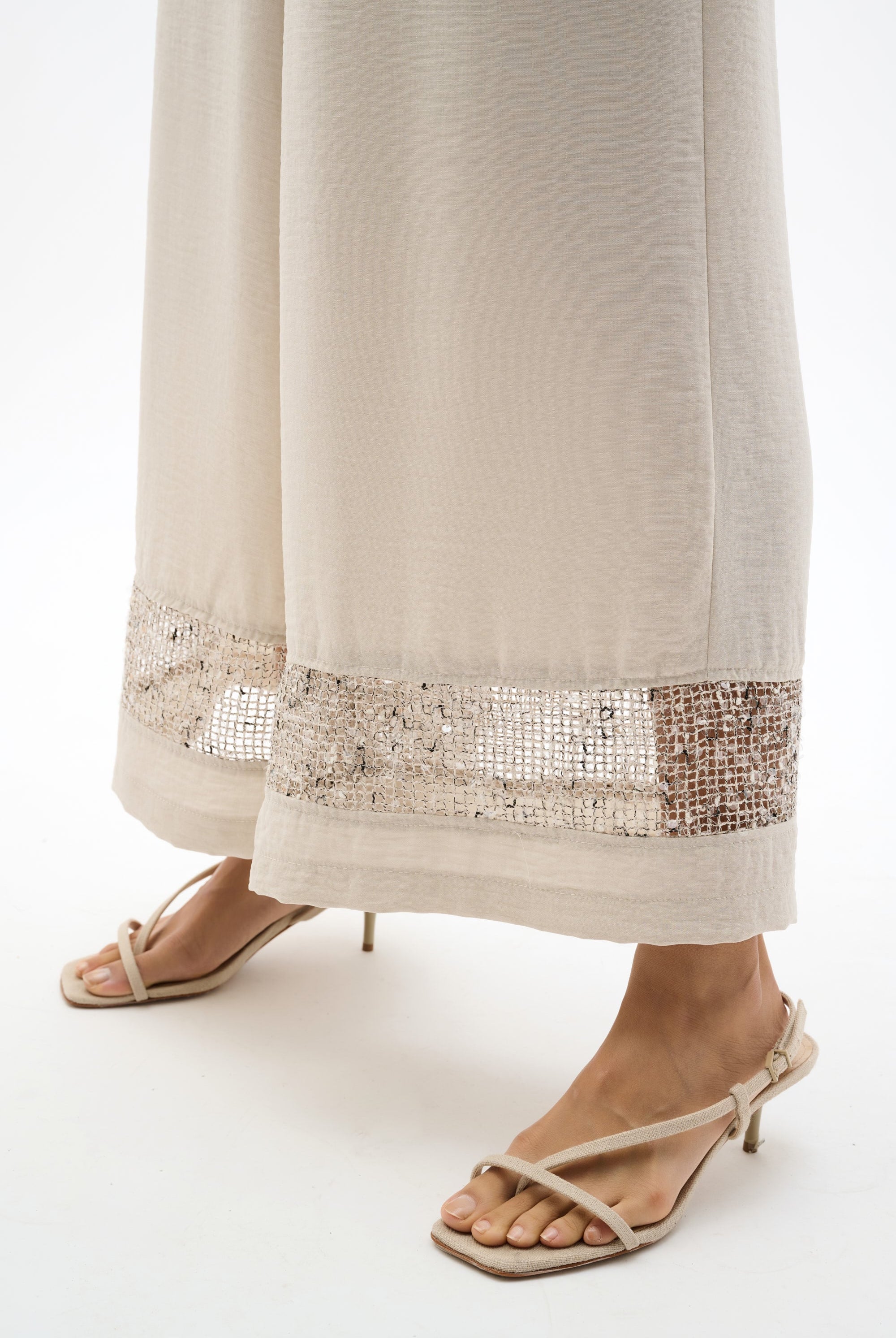 Gauze Pull-On Culotte Pants With Sequined Mesh Inserts