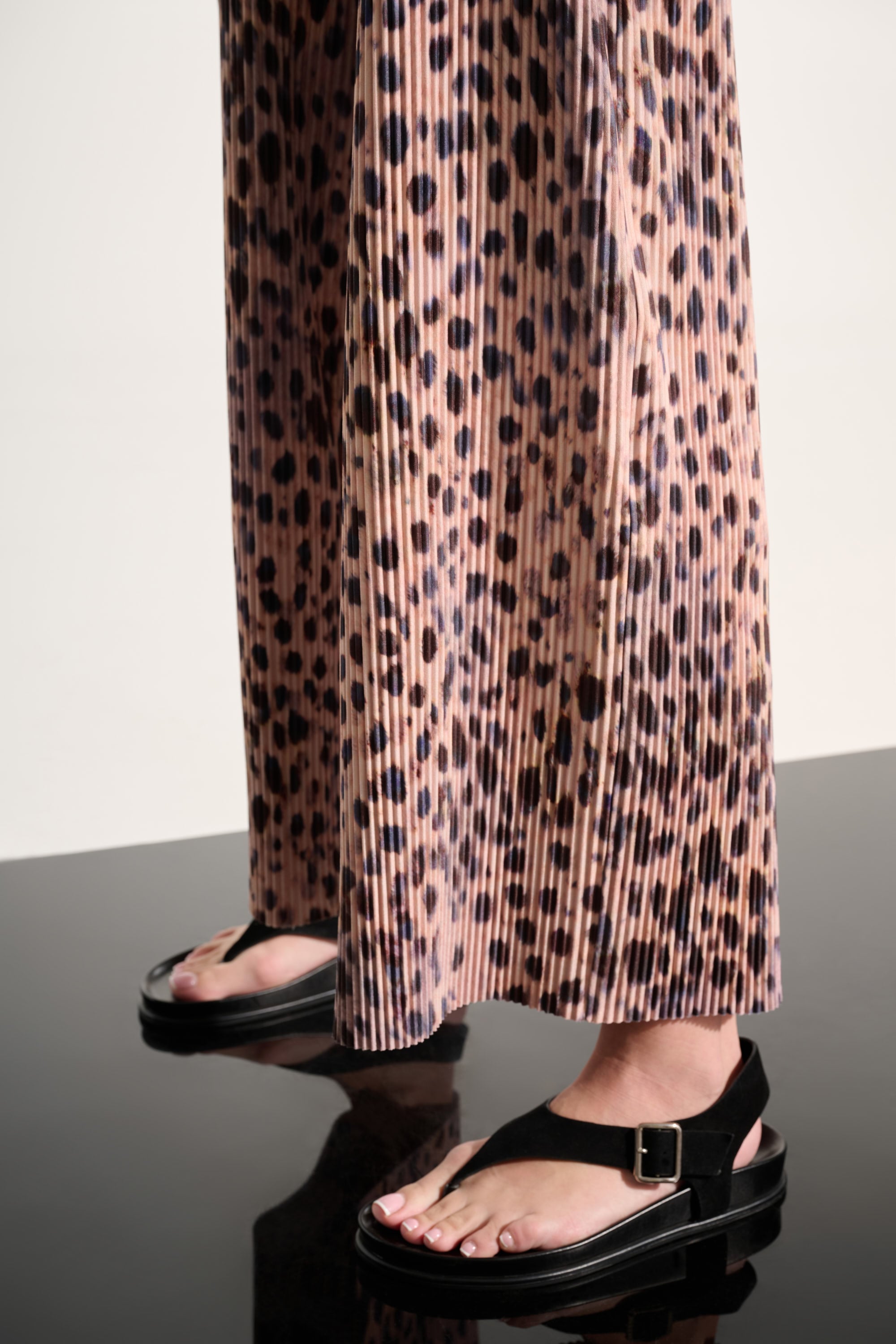 Pleated Scuba Crepe Animal Print Pull-On Wide Leg Pants