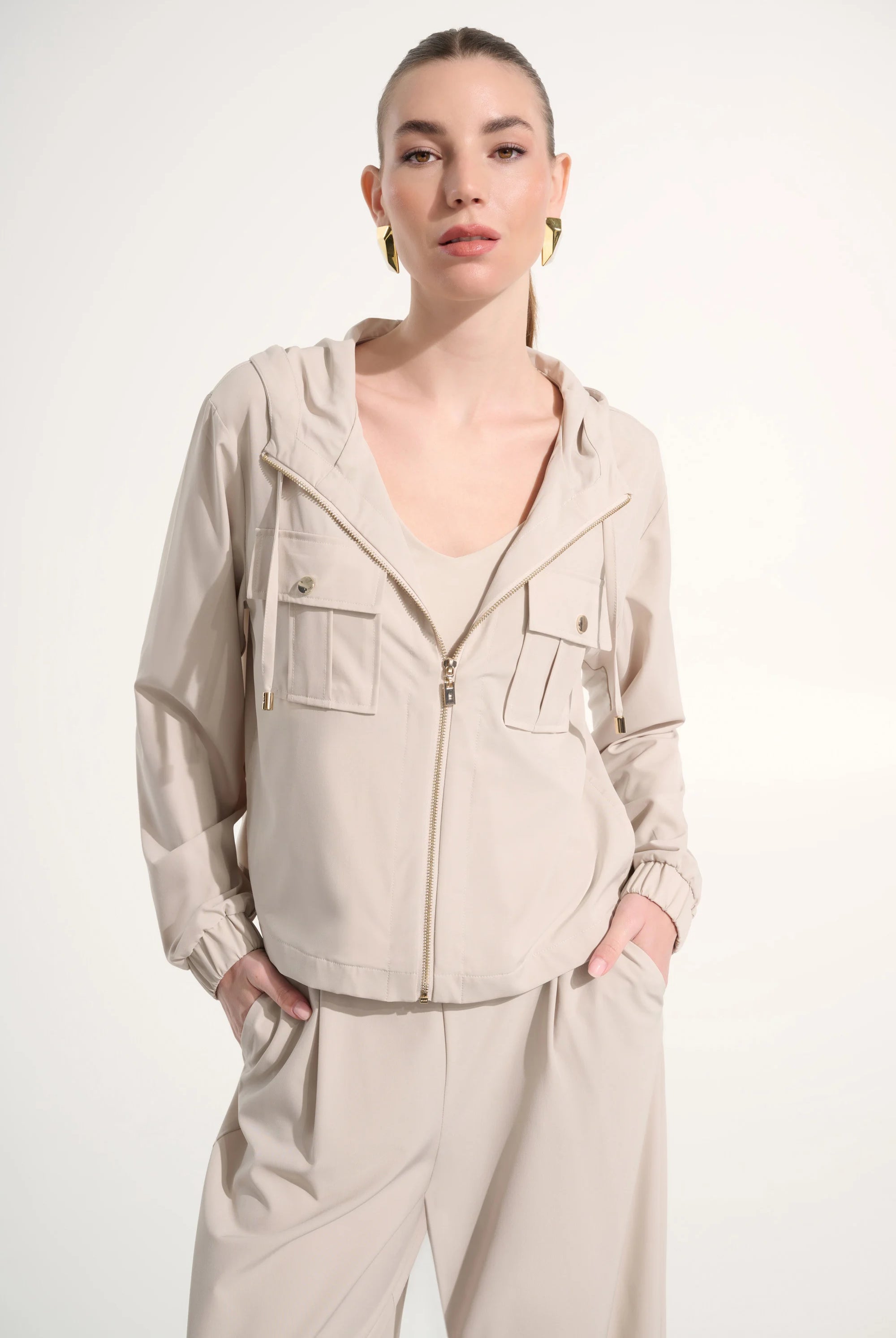Joseph Ribkoff Stretch Woven Hooded Boxy Utility Jacket | Unique Apparel USA