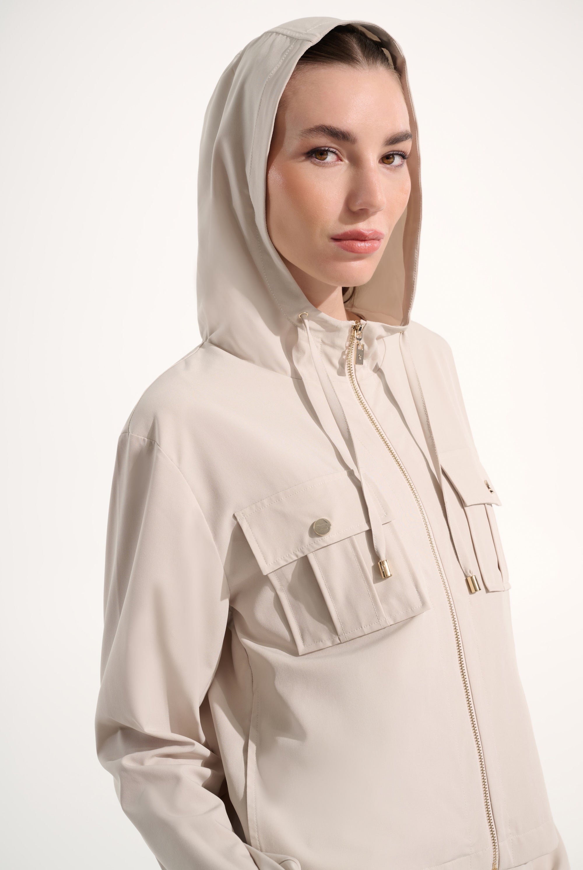 Stretch Woven Hooded Boxy Utility Jacket