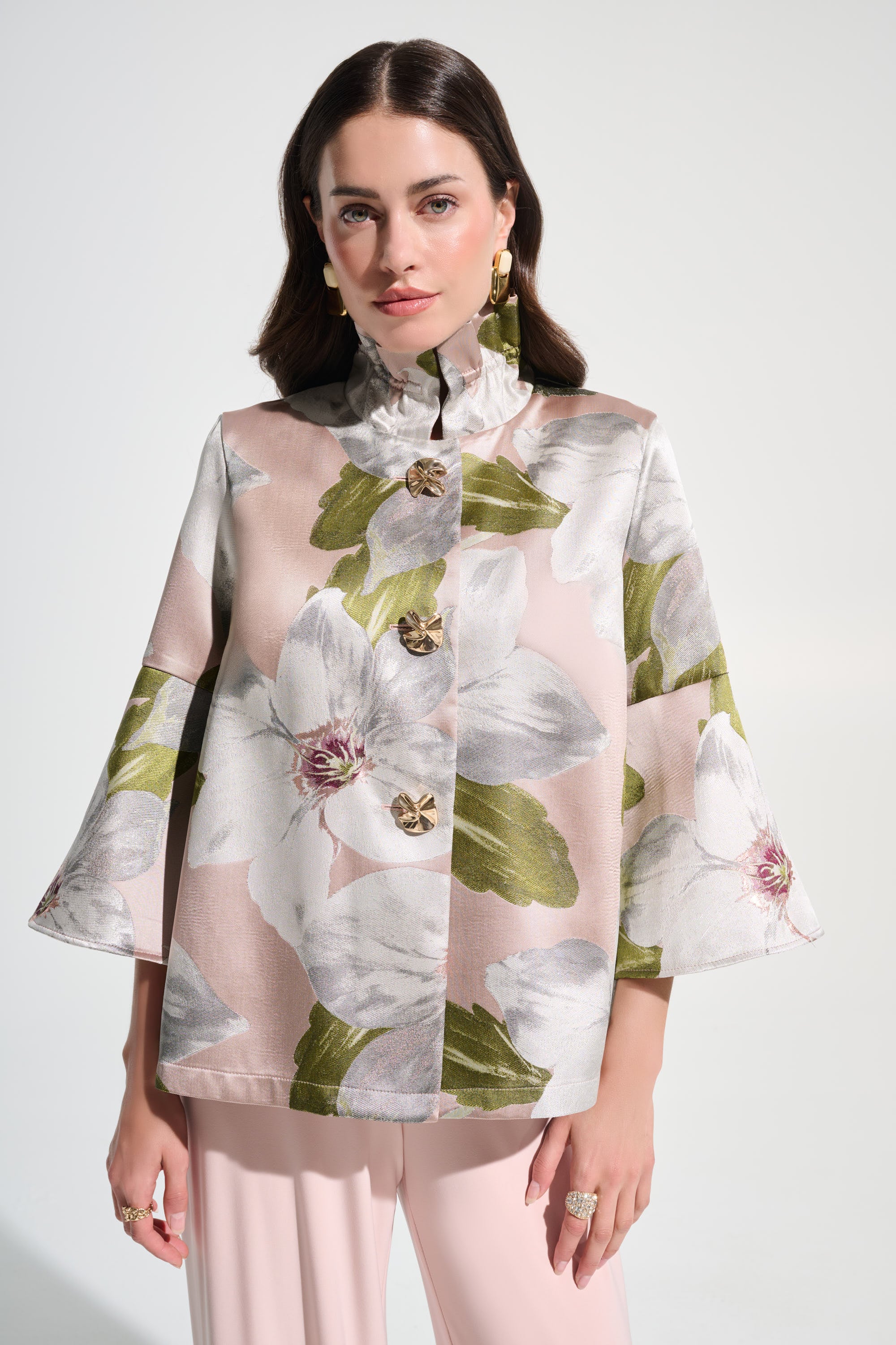 Signature | Floral Jacquard Trapeze Jacket With Bell Sleeves