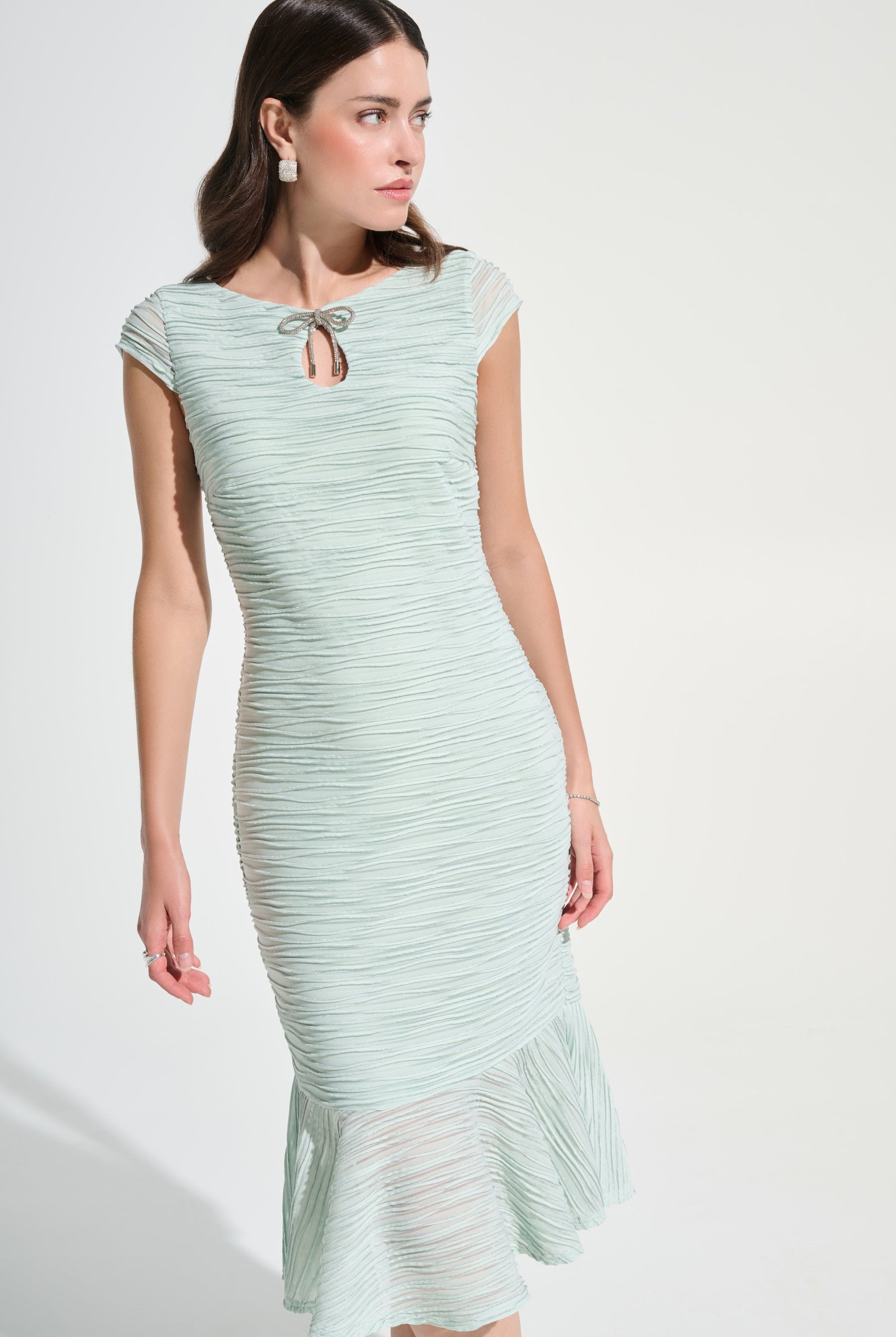 Signature | Lurex Cascade Flounce Dress With Rhinestone Bow