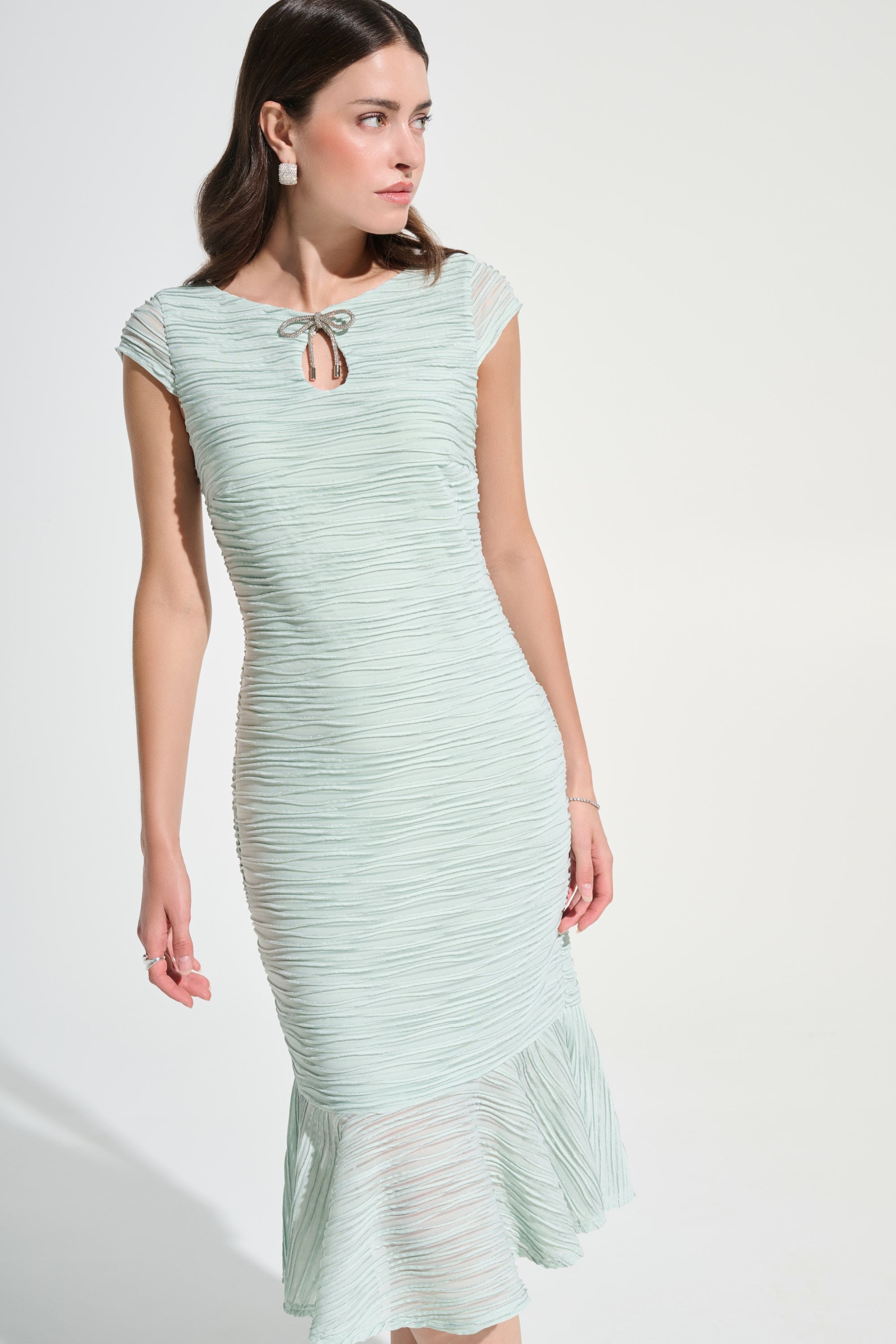 Signature | Lurex Cascade Flounce Dress With Rhinestone Bow