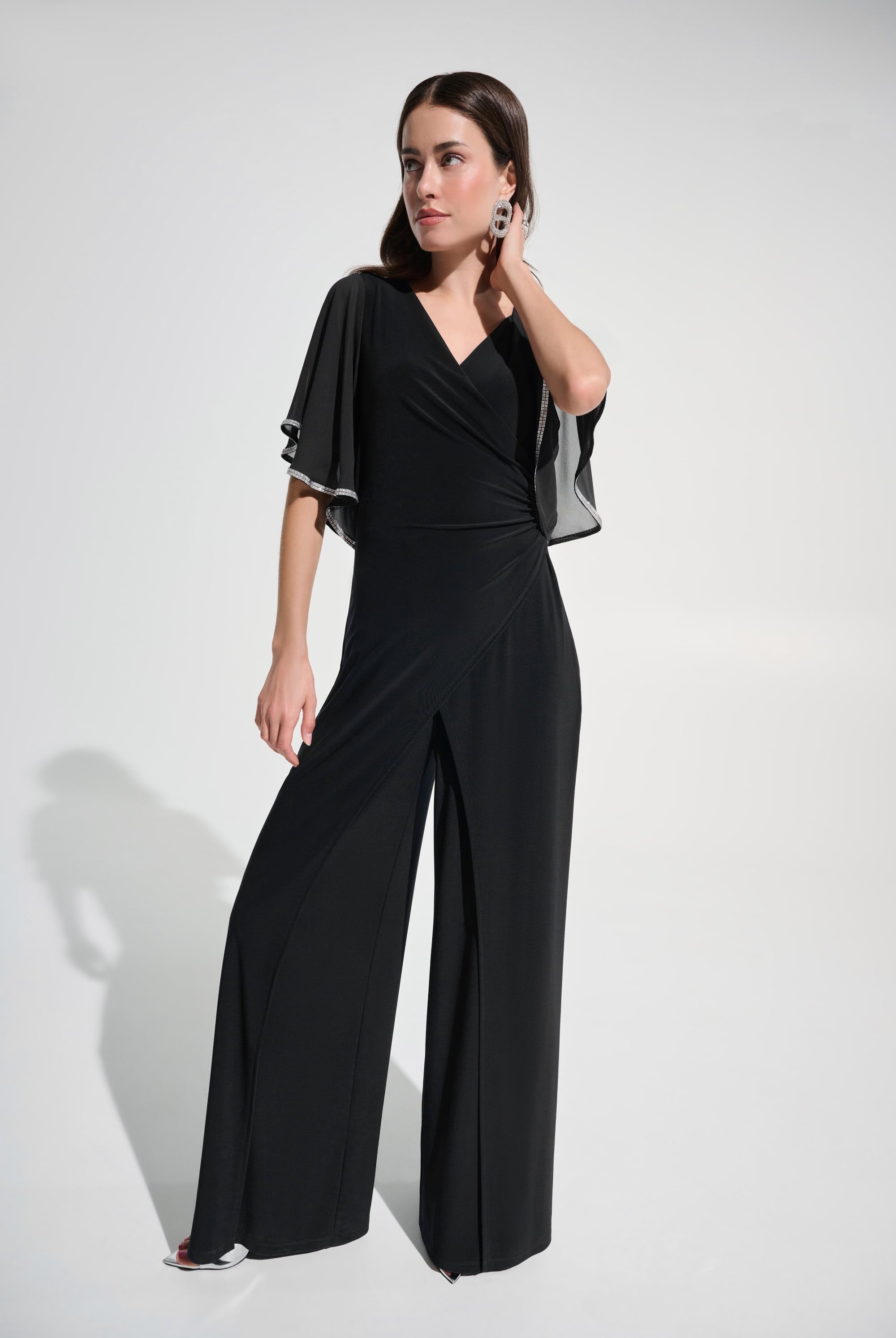 Signature |Silky Knit Wrap Wide Leg Jumpsuit With Rhinestone Trim