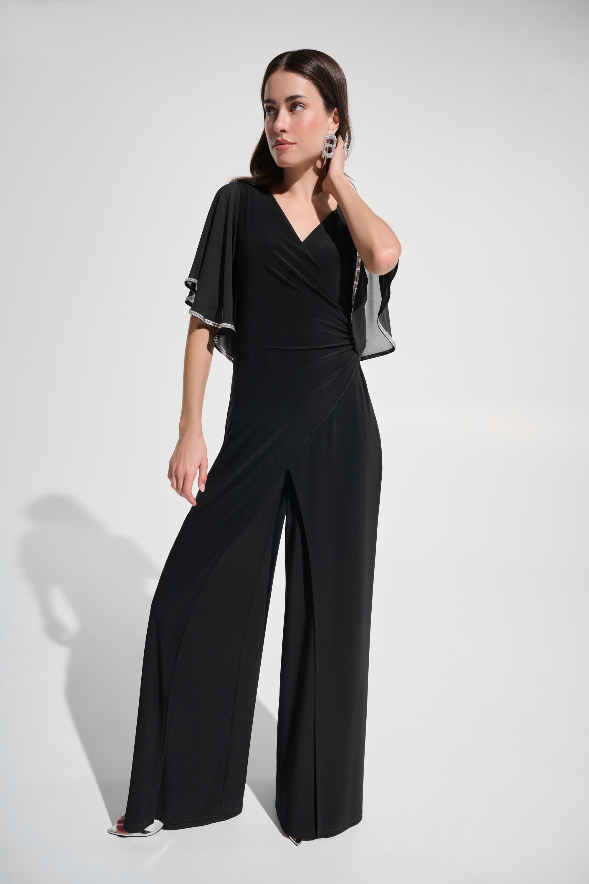 Signature |Silky Knit Wrap Wide Leg Jumpsuit With Rhinestone Trim