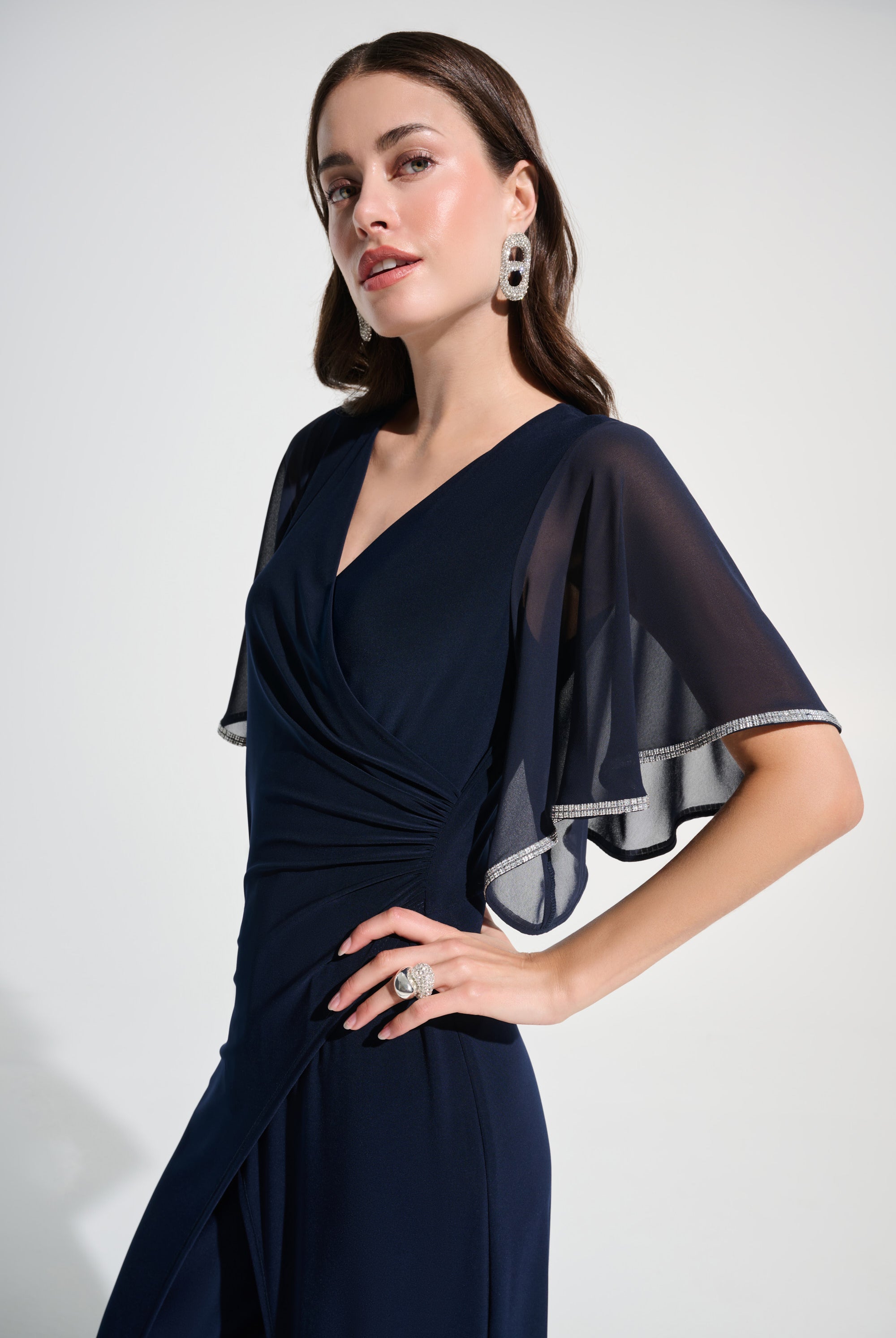 Signature |Silky Knit Wrap Wide Leg Jumpsuit With Rhinestone Trim