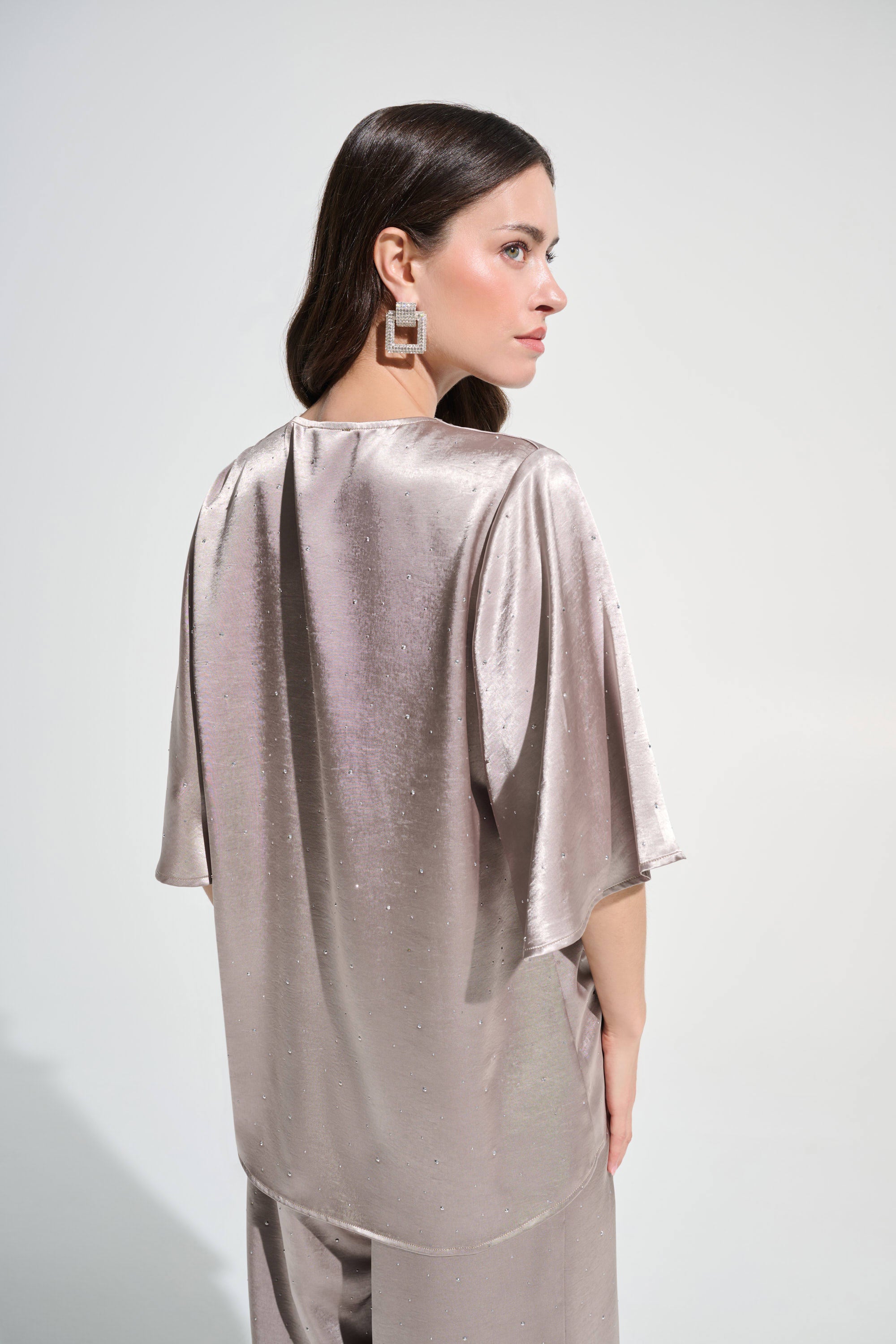 Joseph Ribkoff Signature | Satin Rhinestone Boxy Tunic With Flutter Sleeves-262722