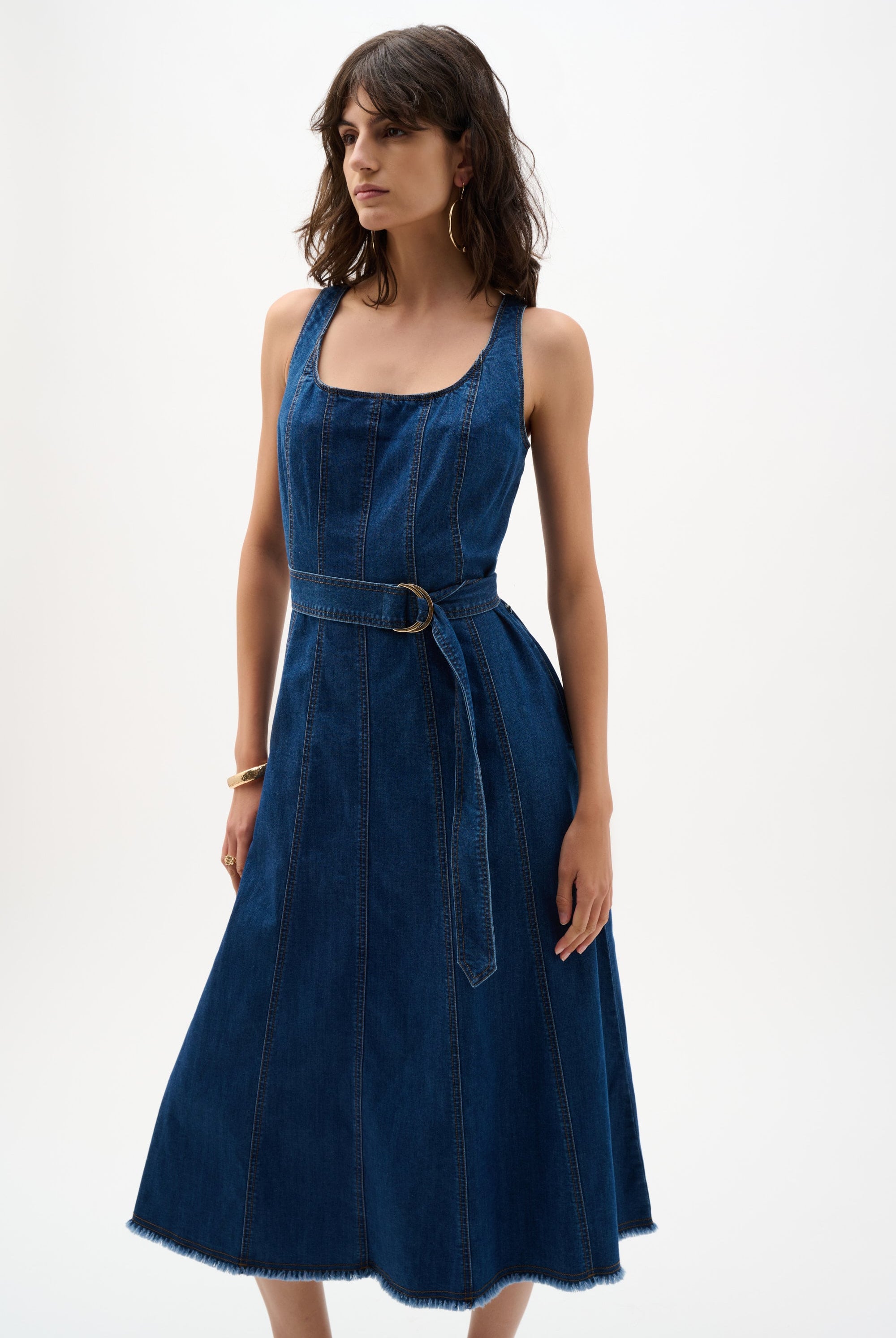 Denim Fit And Flare Midi Dress With Belt