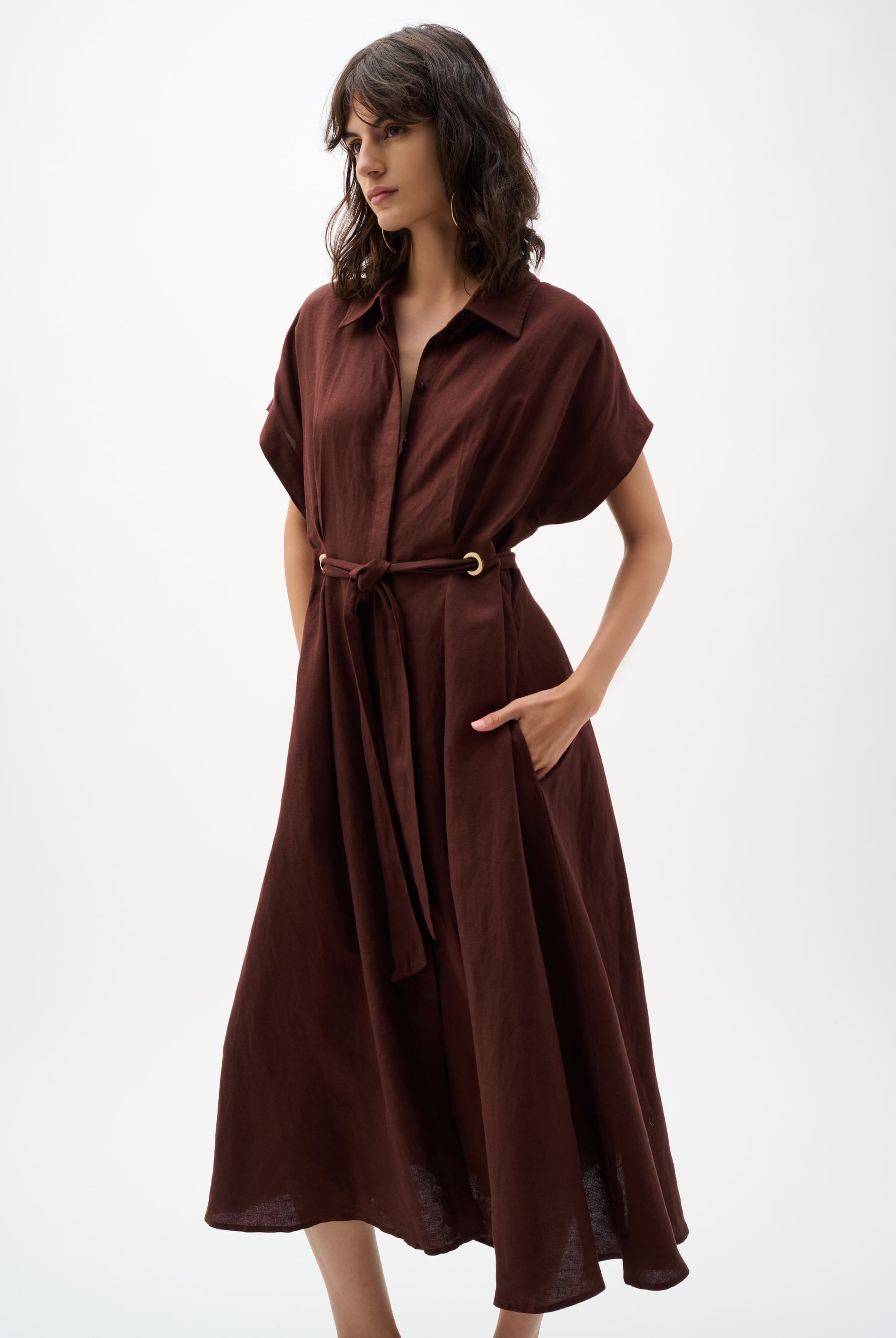 Linen Blend Fit And Flare Shirt Dress With Sash