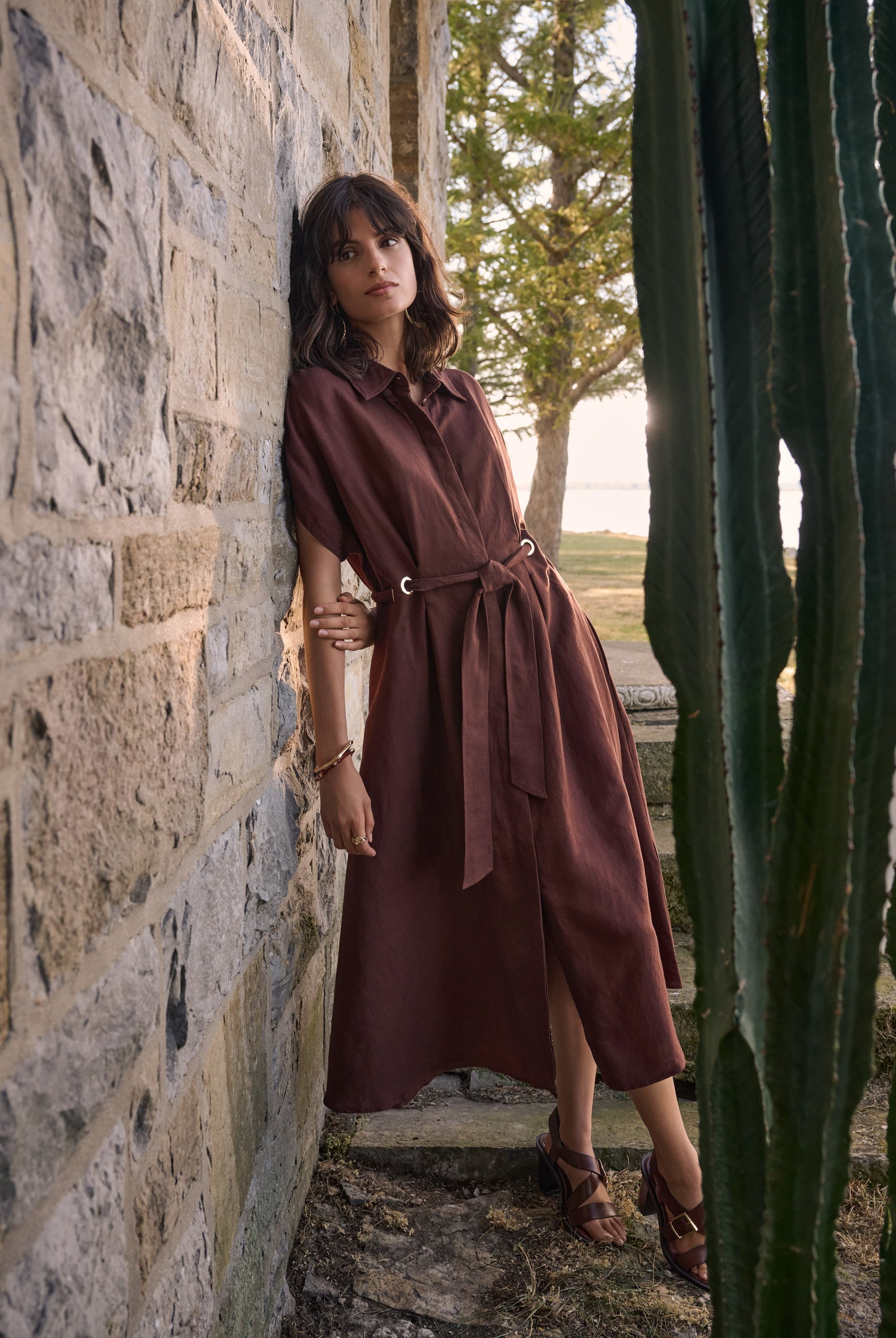 Linen Blend Fit And Flare Shirt Dress With Sash