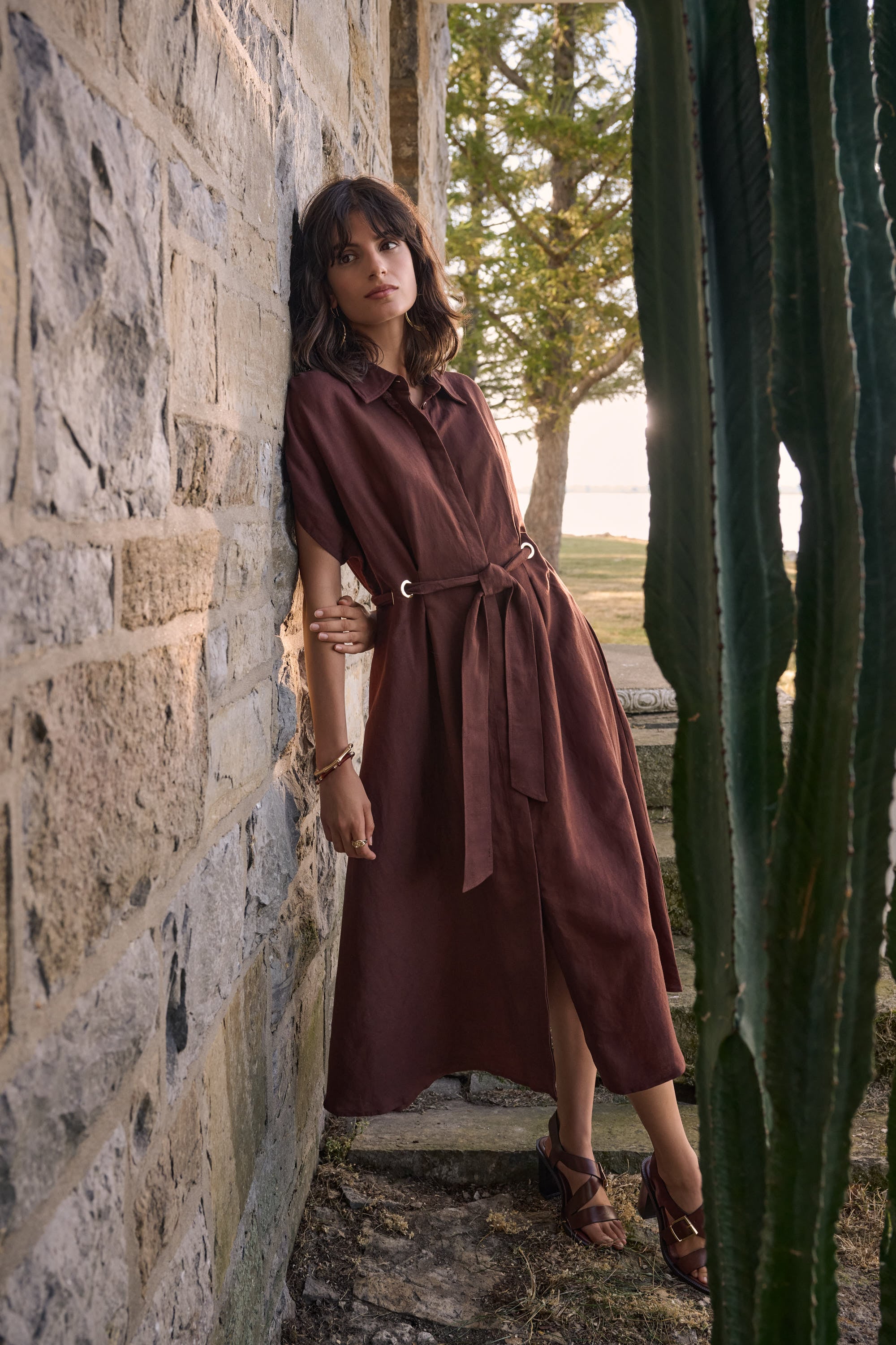 Linen Blend Fit And Flare Shirt Dress With Sash