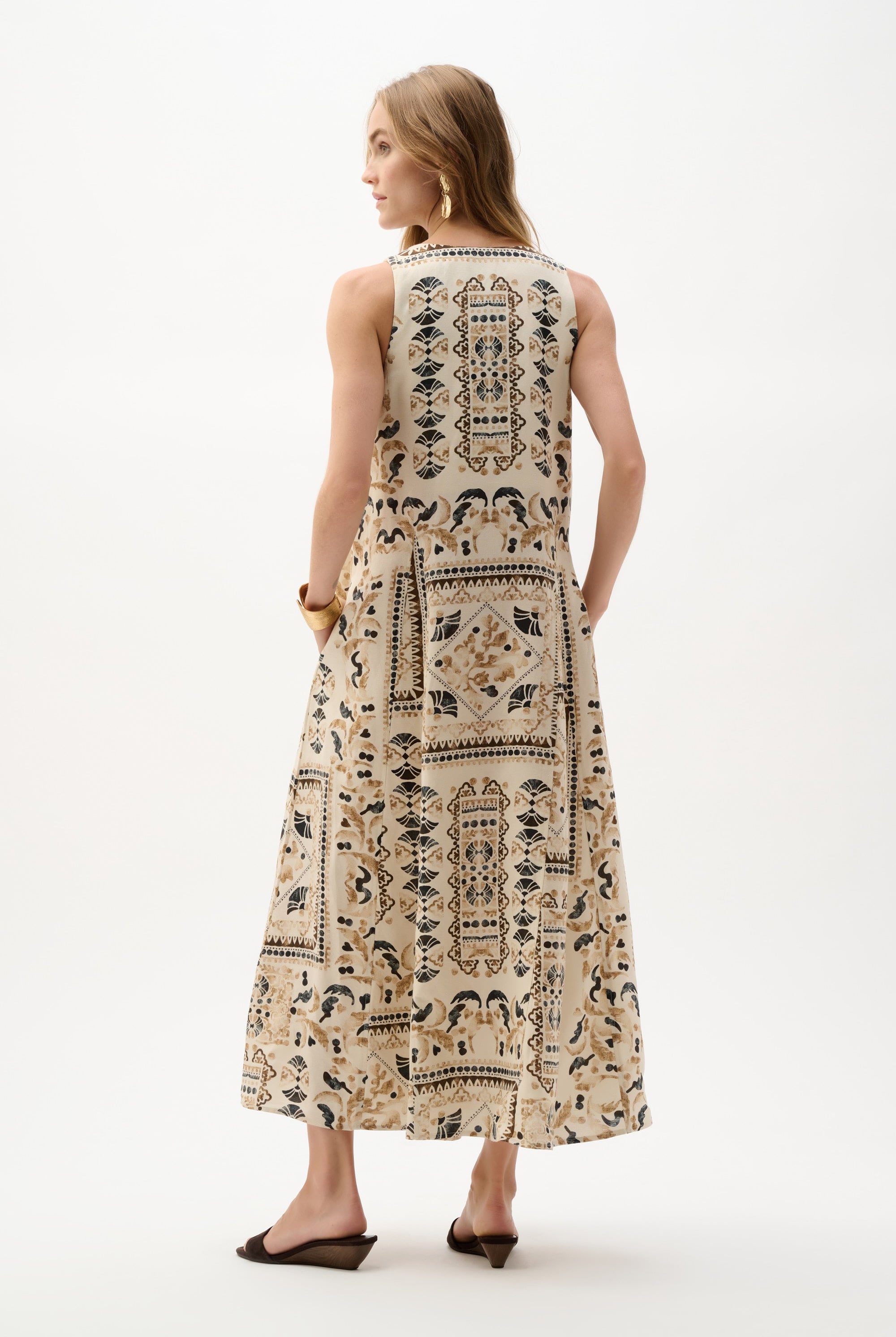 Linen Blend Scarf Print A-Line Dress