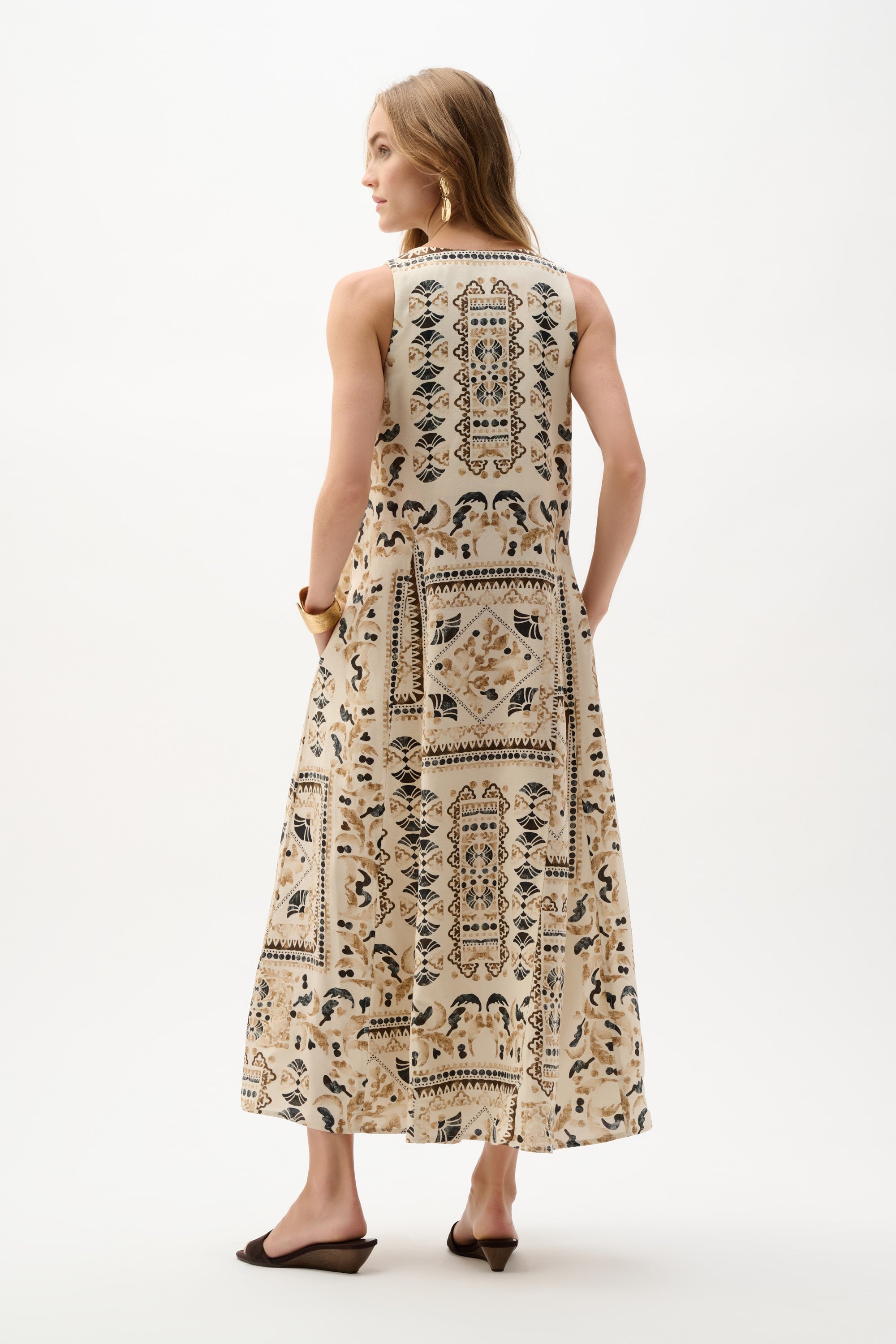 Linen Blend Scarf Print A-Line Dress