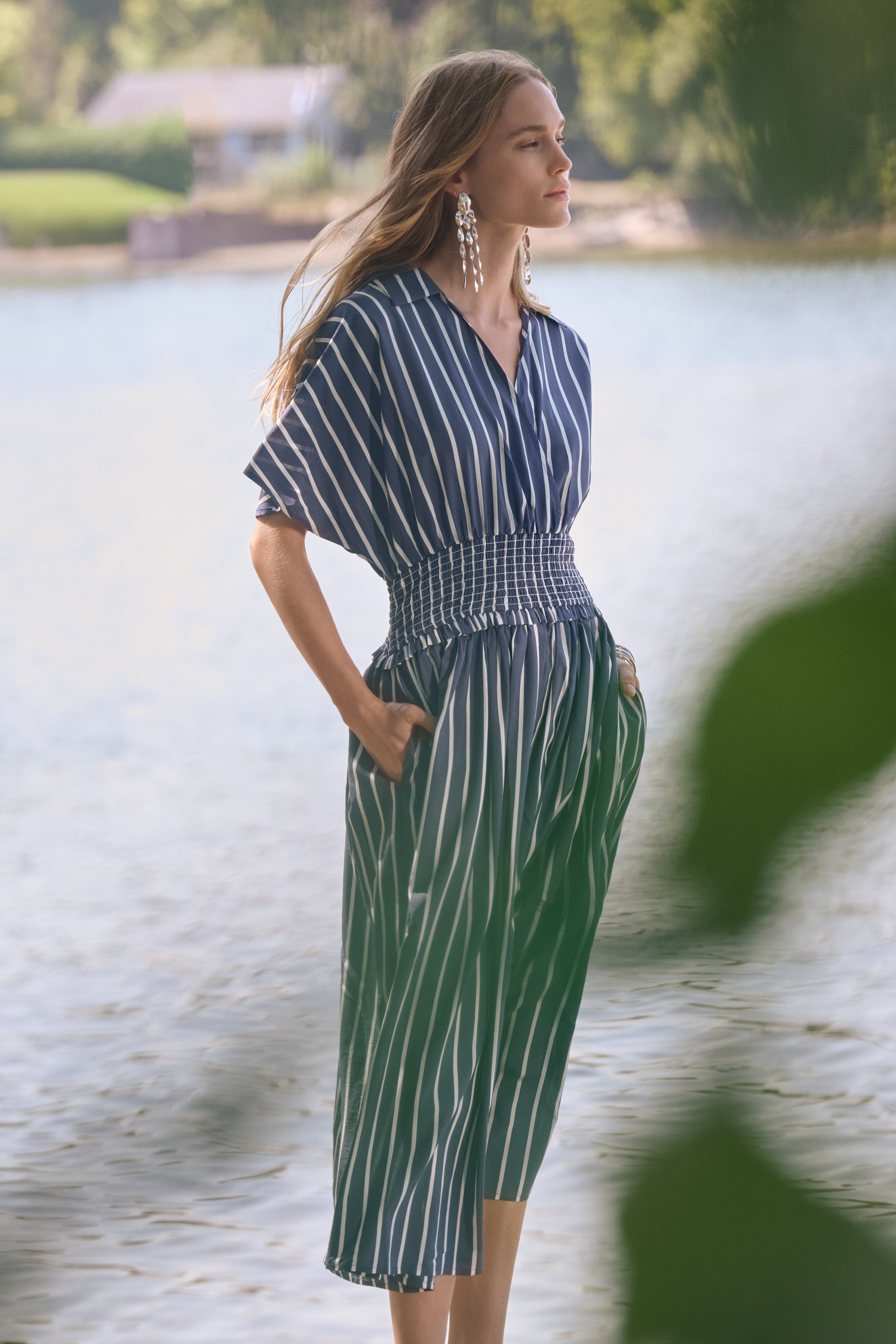 Flowy Poplin Stripe Print Fit And Flare Dress