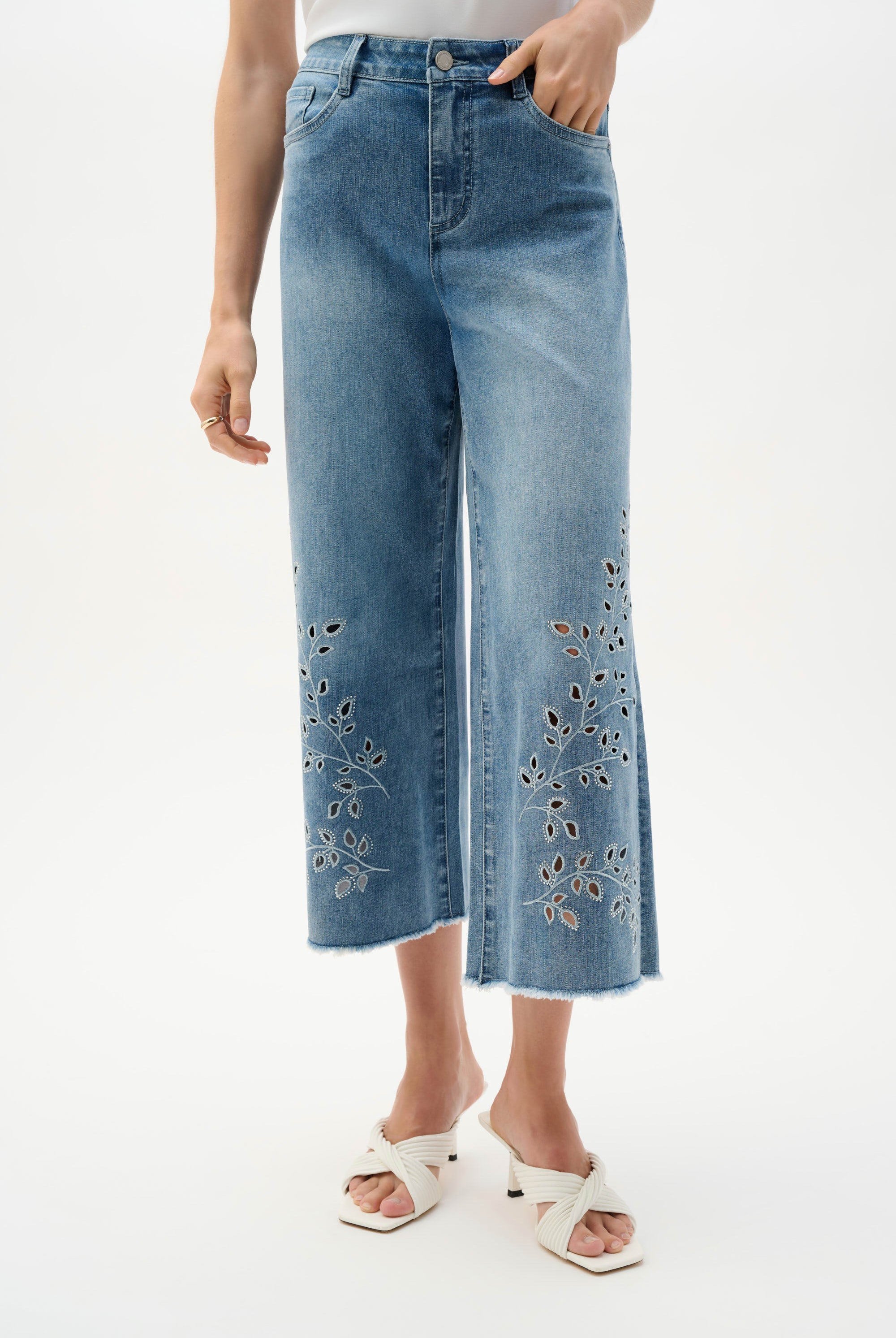Joseph Ribkoff Repreve® Denim Wide Leg Crop Jeans With Embroidery | Unique Apparel USA