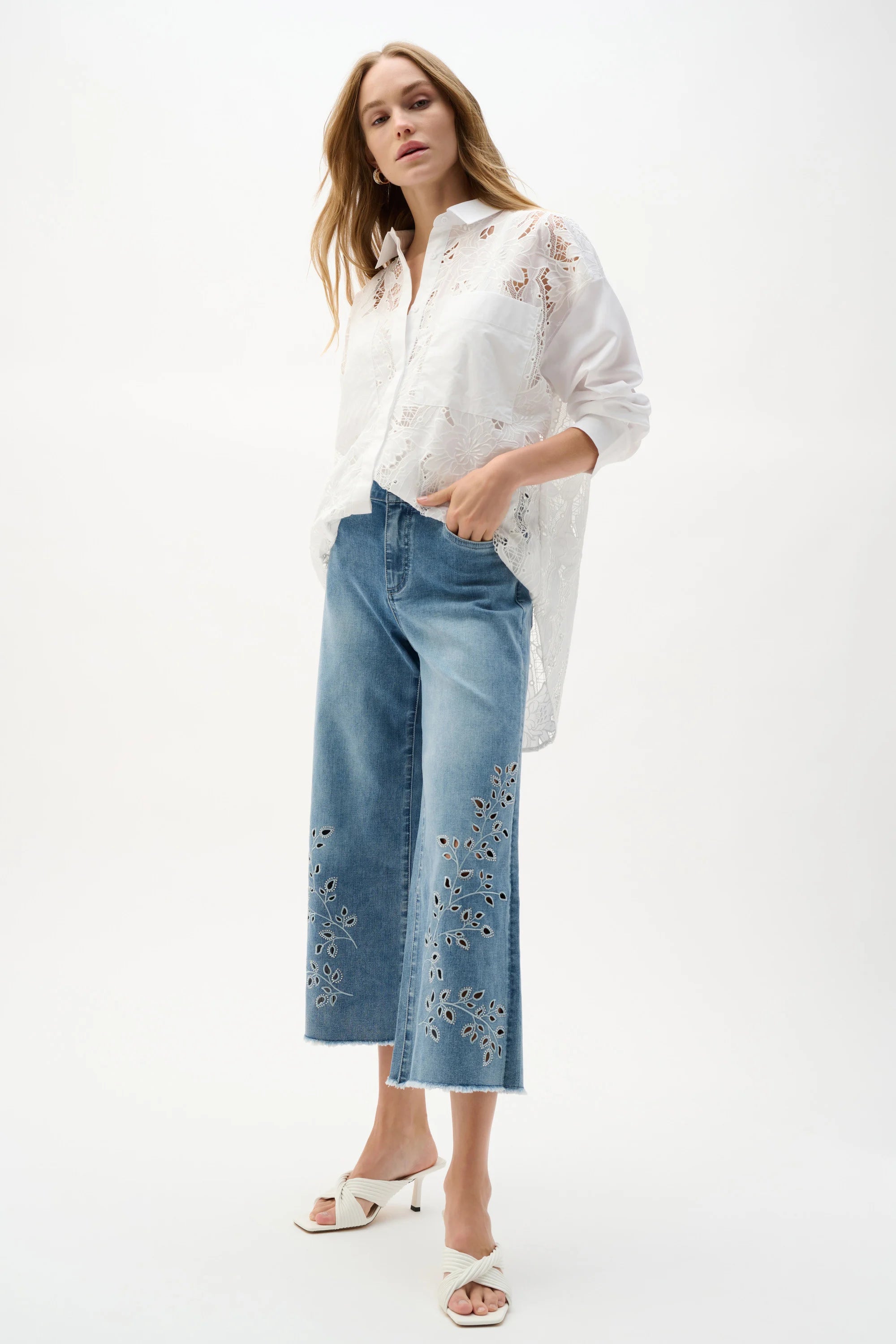 Joseph Ribkoff Repreve® Denim Wide Leg Crop Jeans With Embroidery-262915