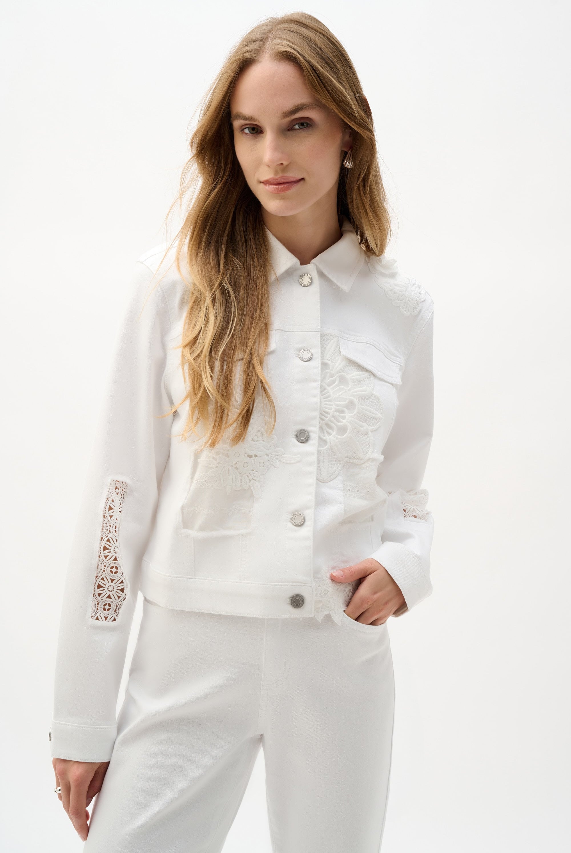 Featherweave Denim Jacket With Lace Embroidery