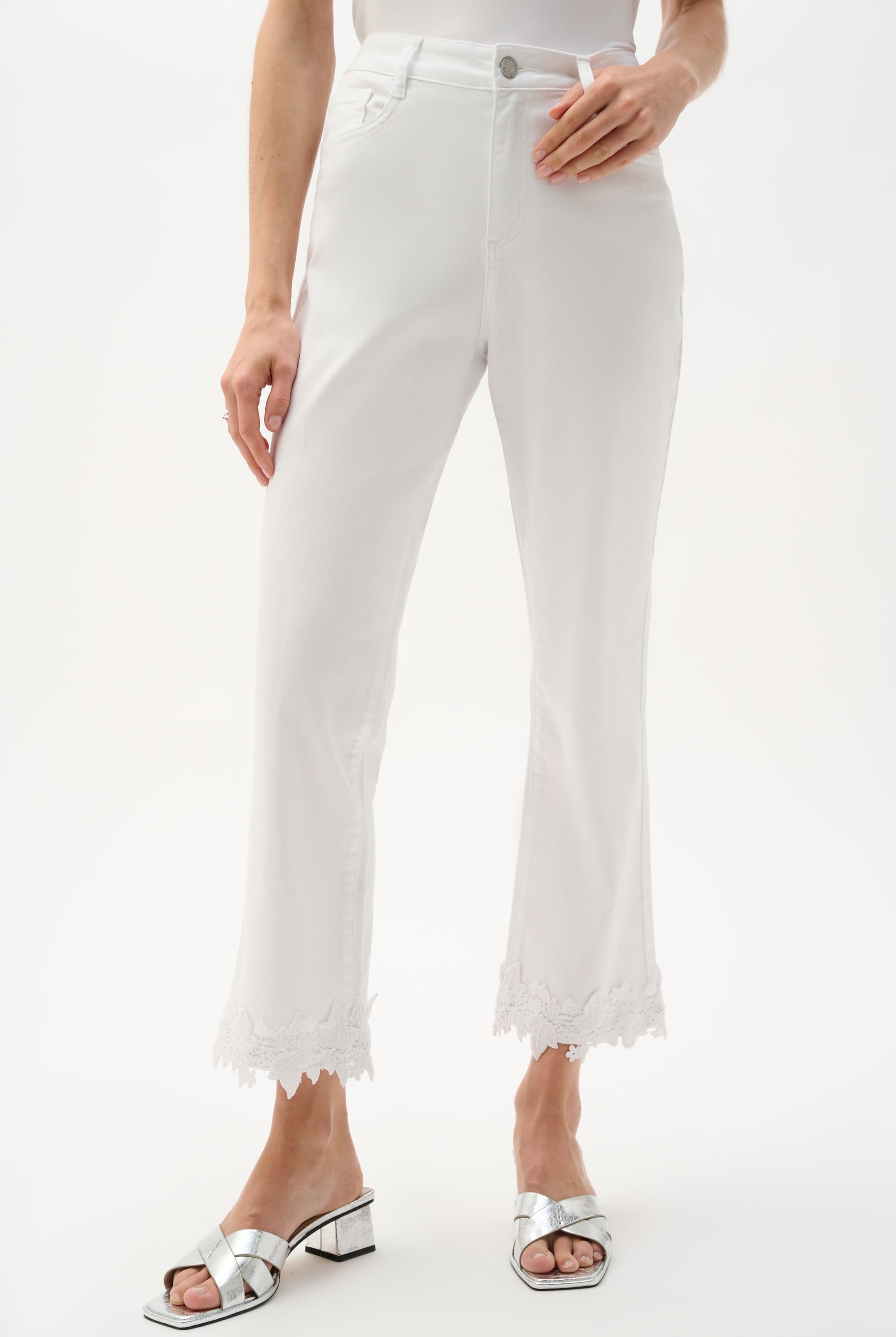 Featherweave Denim Straight Crop Jeans With Lace Appliqué