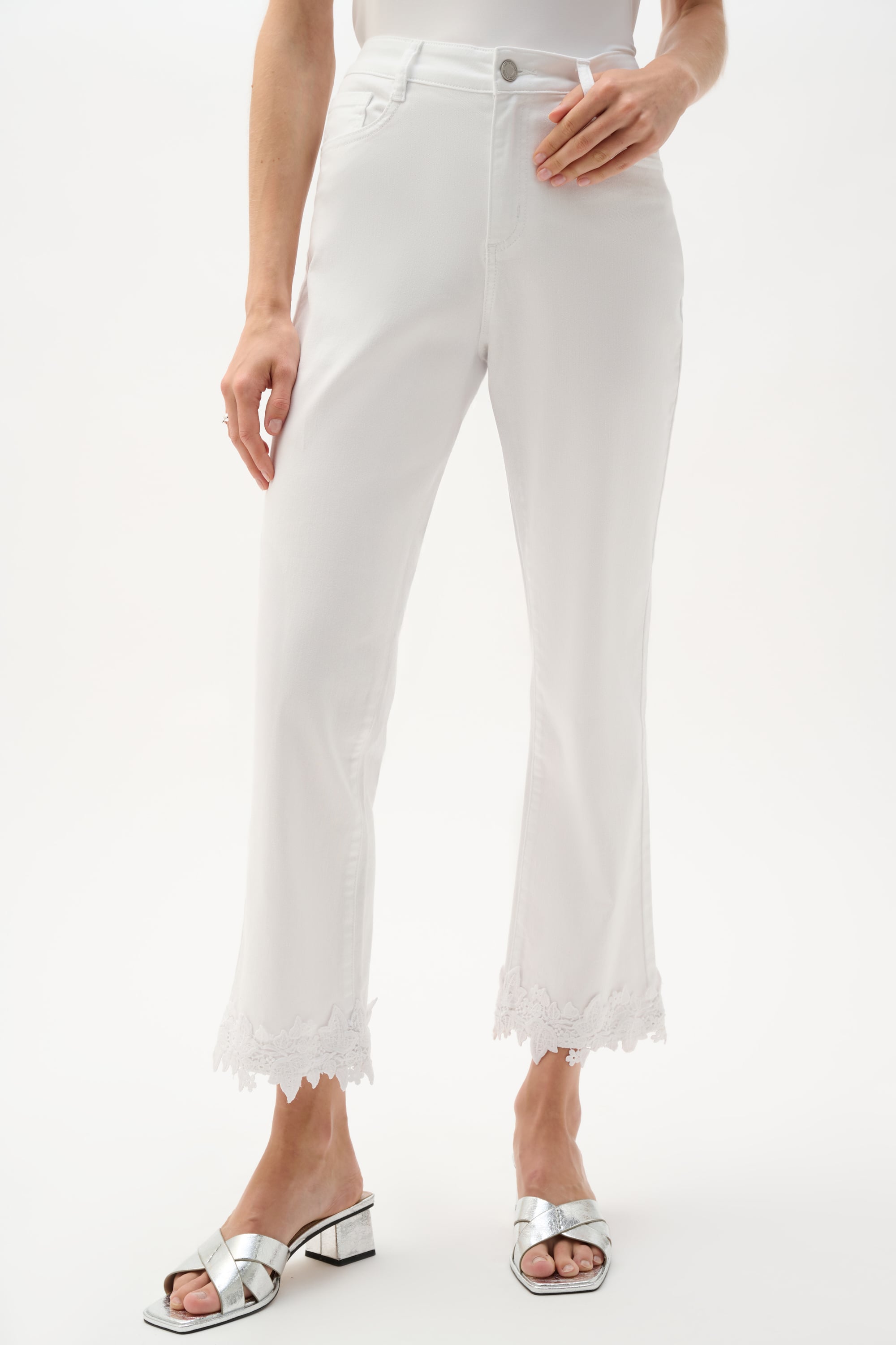 Featherweave Denim Straight Crop Jeans With Lace Appliqué