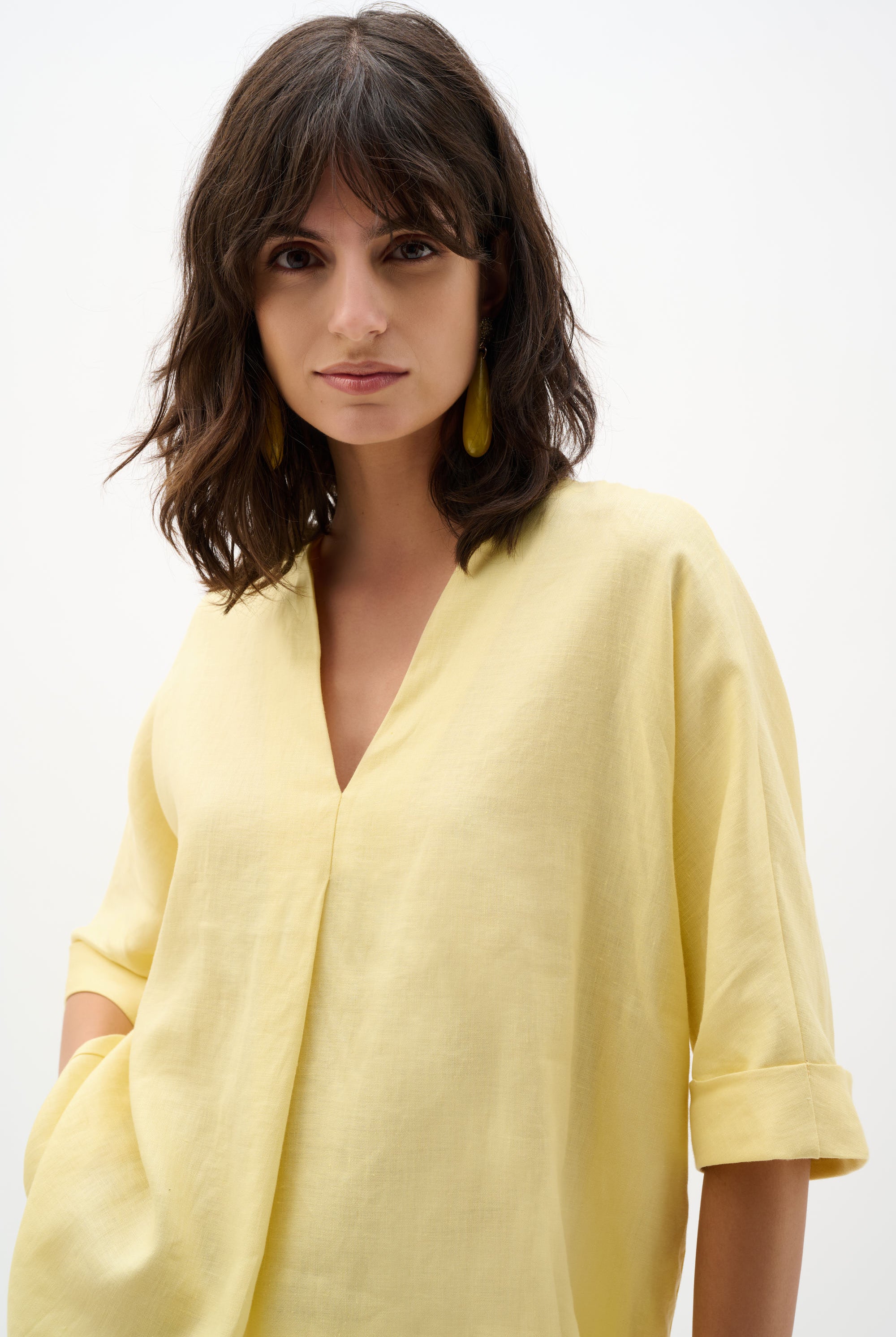 Linen Straight Top With V-notch neckline