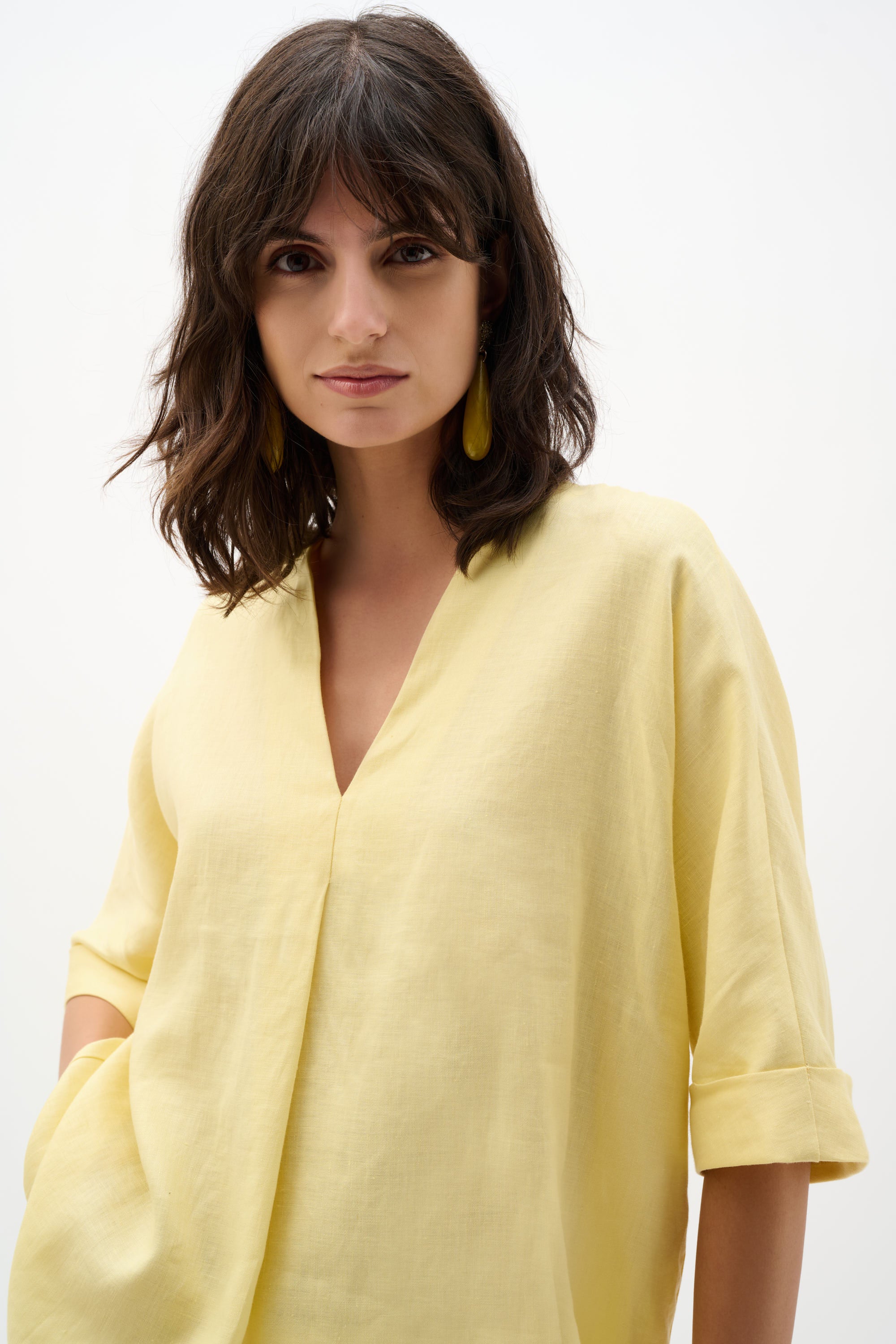 Linen Straight Top With V-notch neckline
