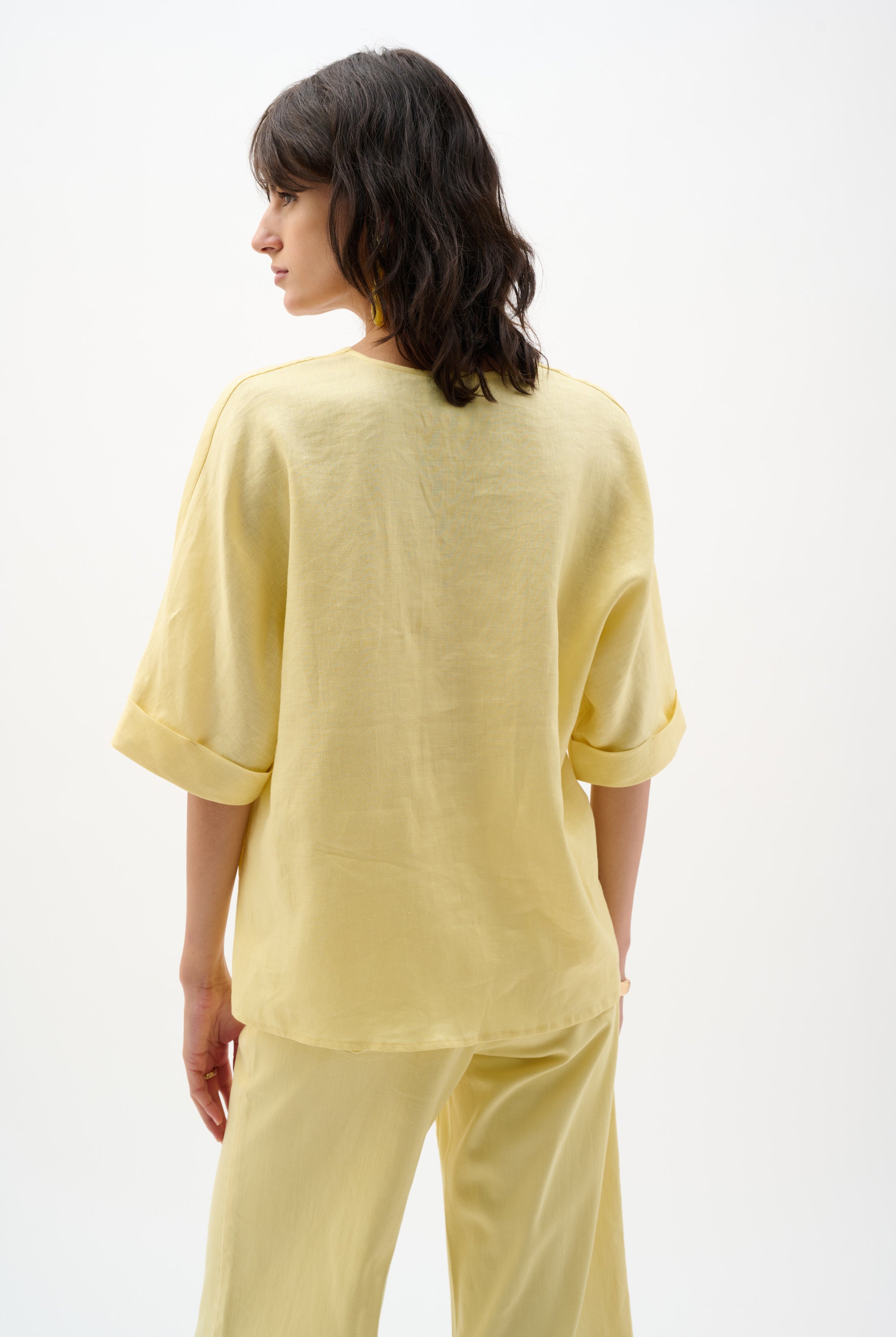 Linen Straight Top With V-notch neckline