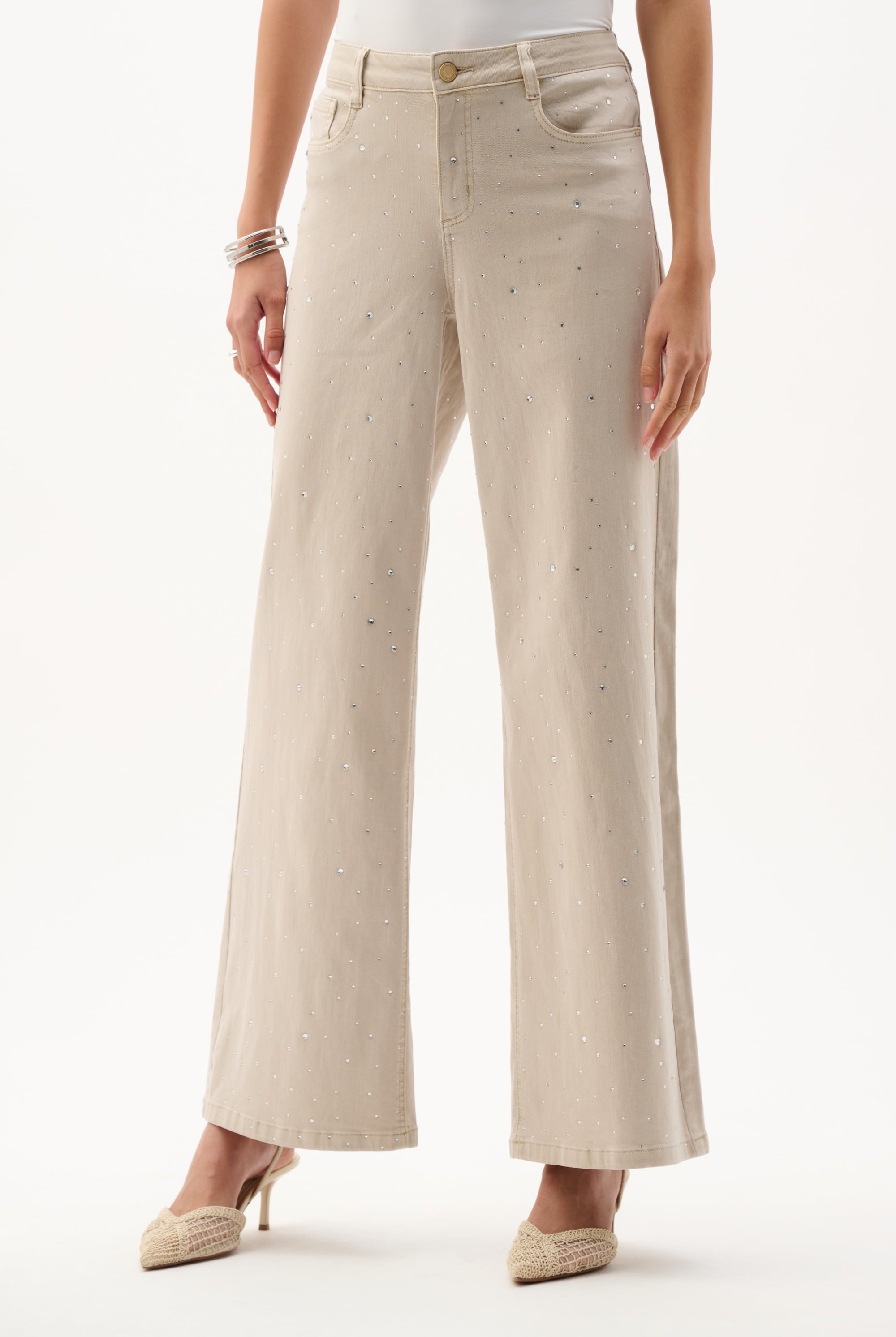 Featherweave Denim Wide Leg Jeans With Rhinestones