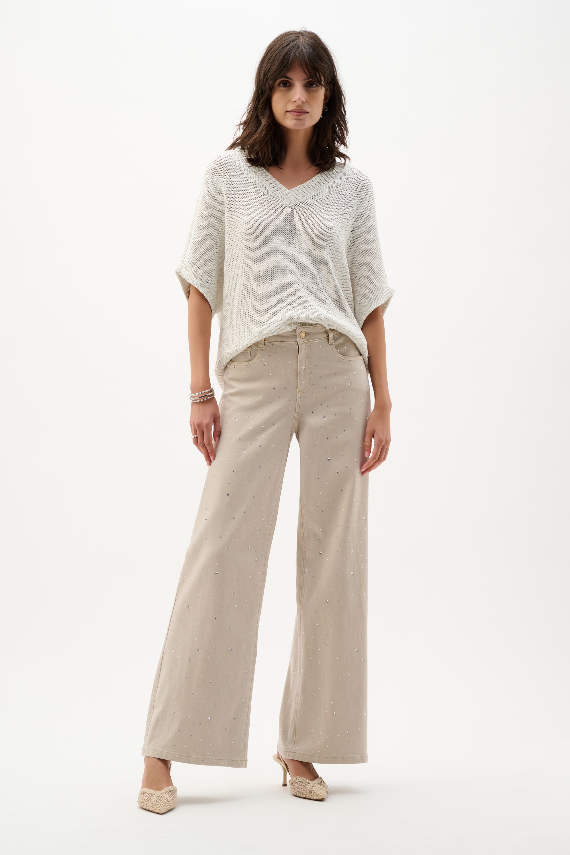 Featherweave Denim Wide Leg Jeans With Rhinestones