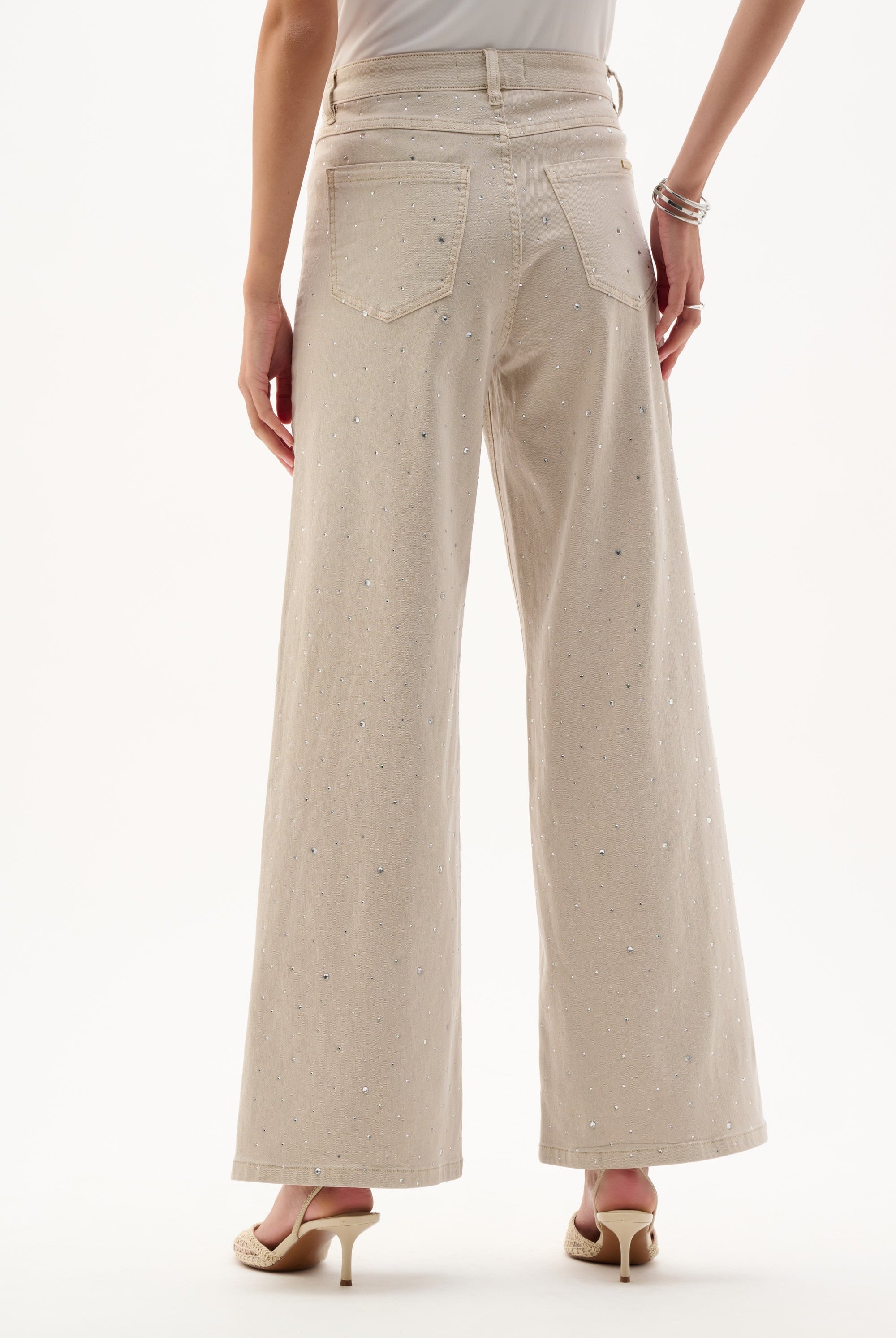 Featherweave Denim Wide Leg Jeans With Rhinestones