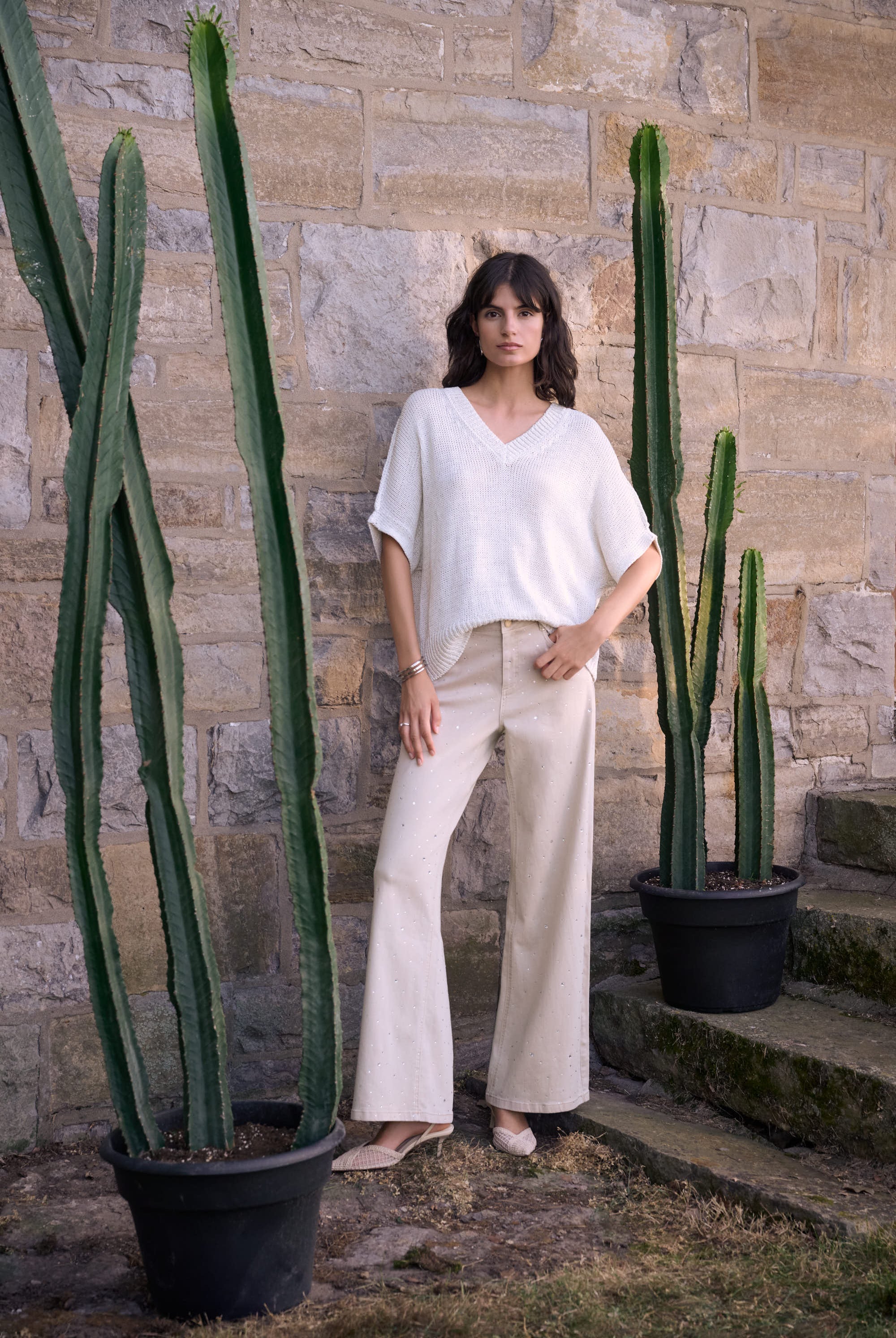 Featherweave Denim Wide Leg Jeans With Rhinestones