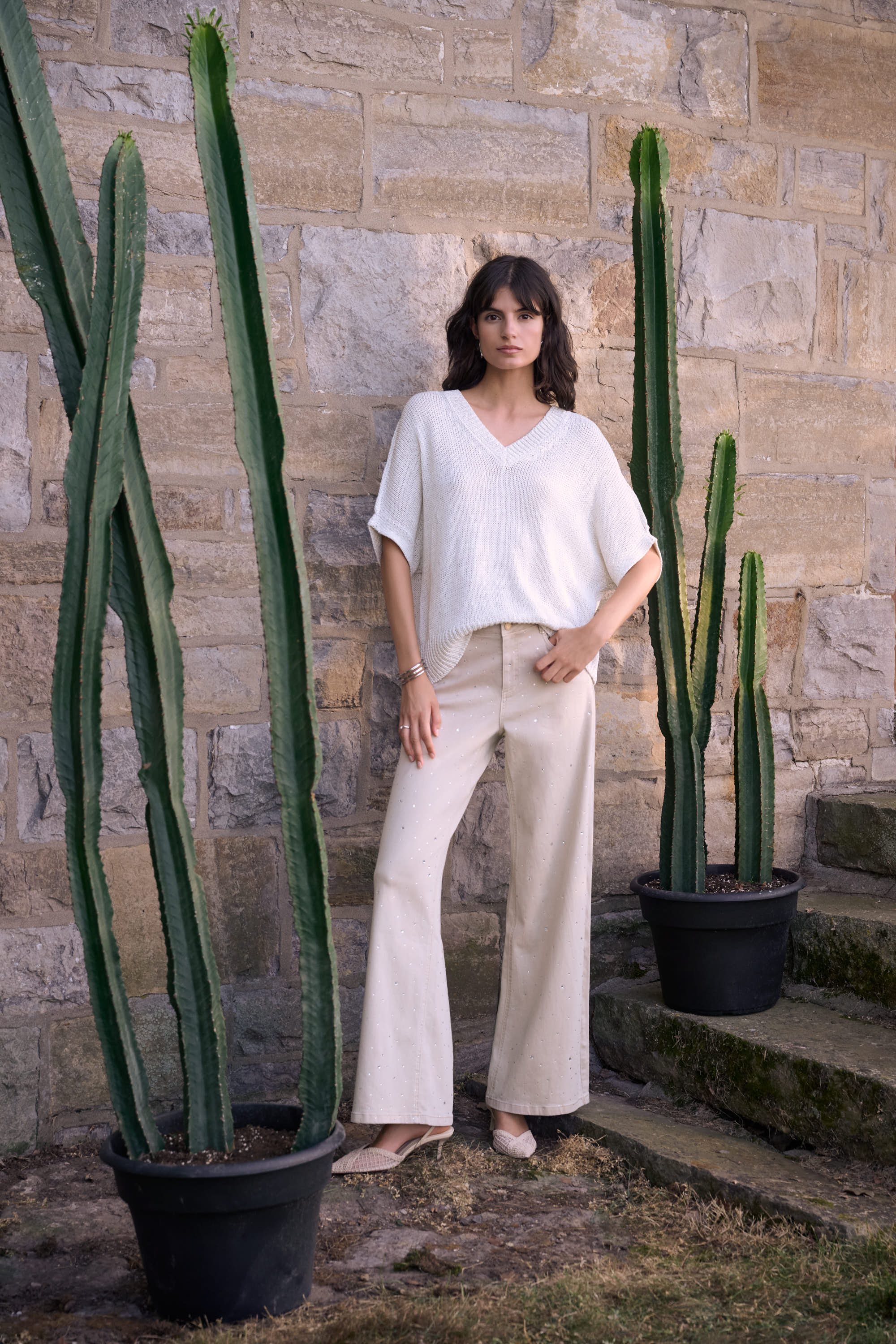 Featherweave Denim Wide Leg Jeans With Rhinestones