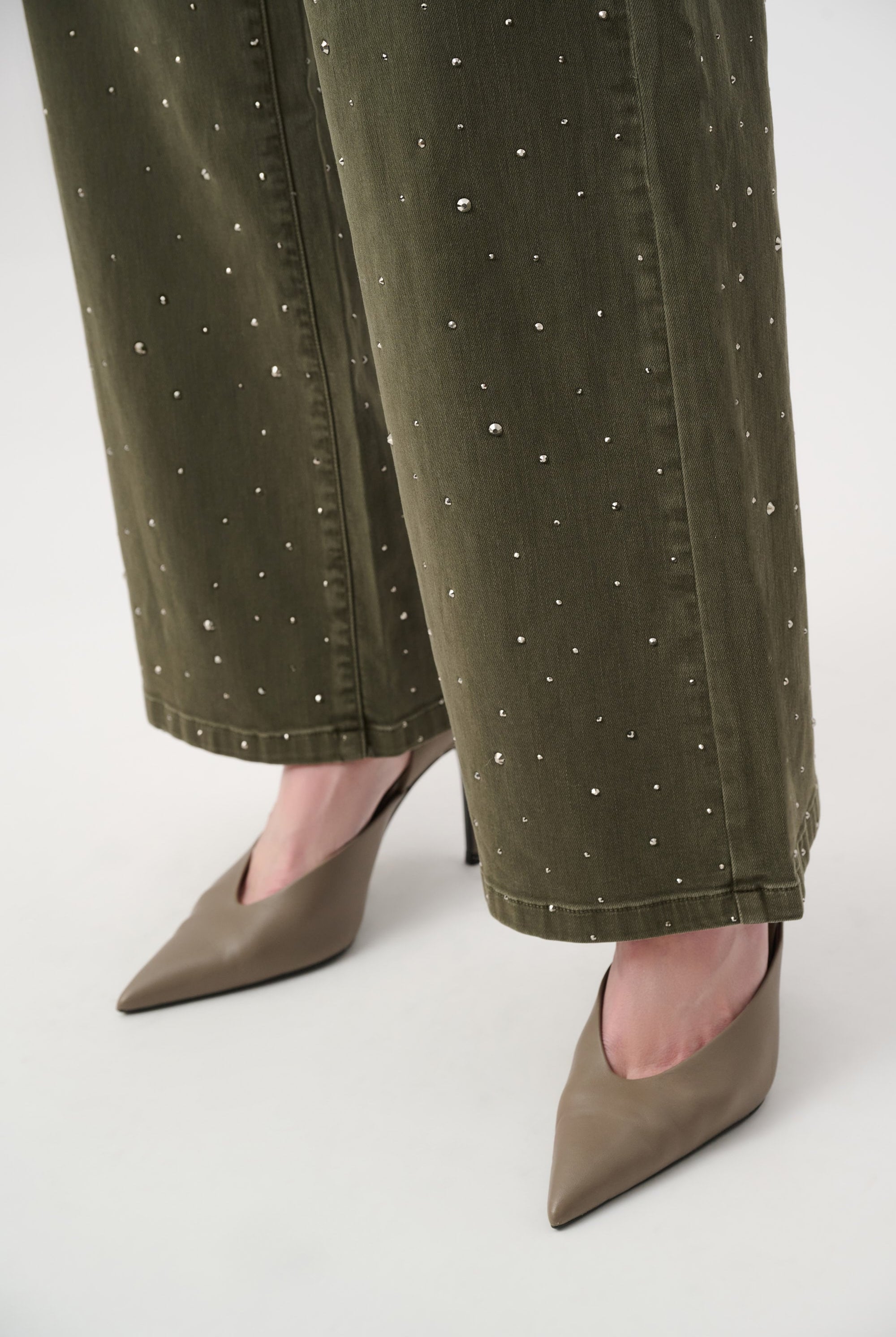Featherweave Denim Wide Leg Jeans With Rhinestones