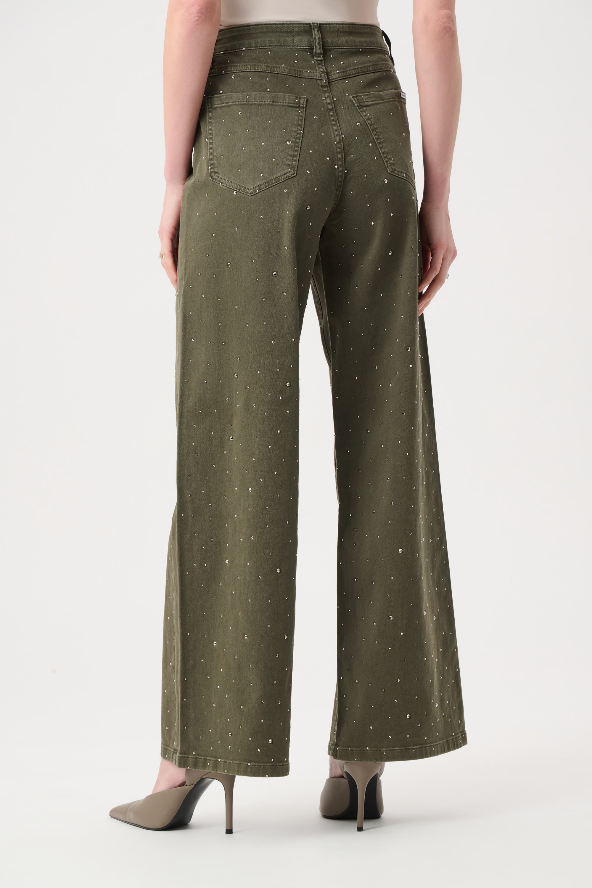 Featherweave Denim Wide Leg Jeans With Rhinestones