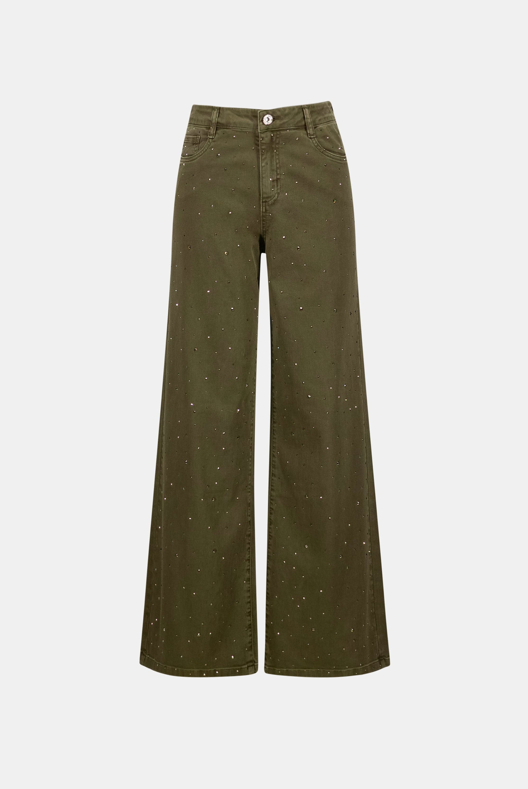 Featherweave Denim Wide Leg Jeans With Rhinestones