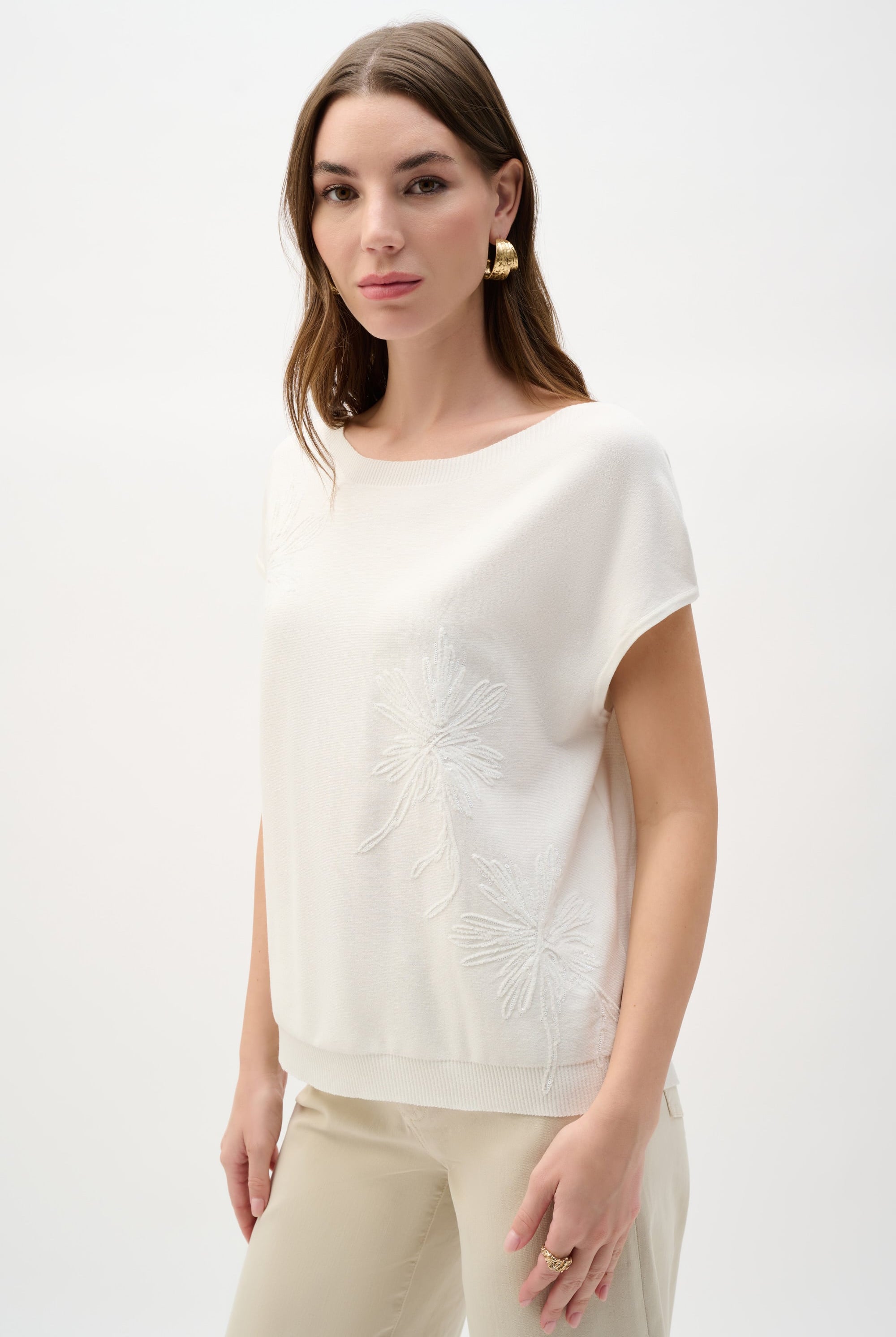 Viscose Sweater Knit Top With Embroidered Flowers