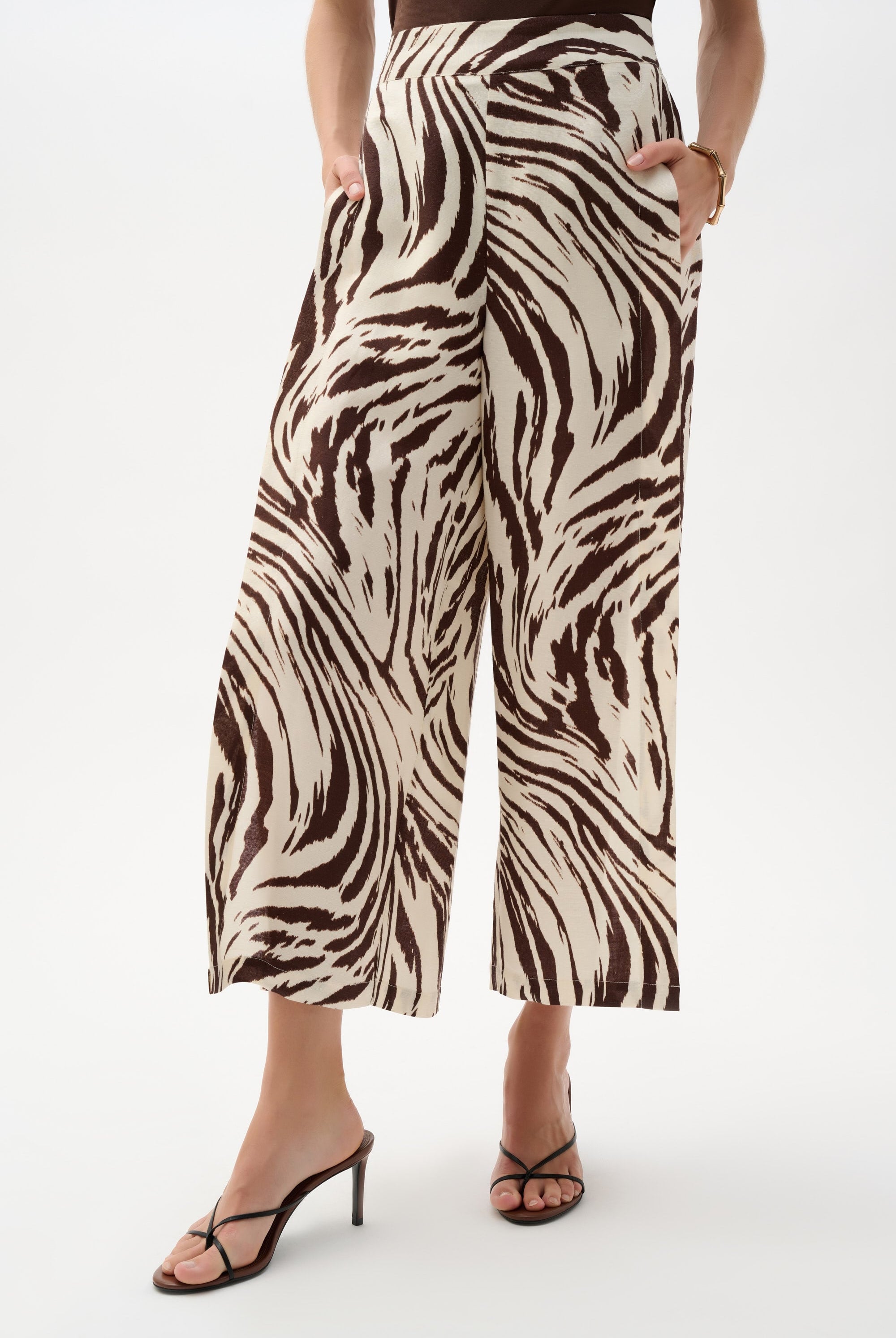 Linen Blend Animal Print Culotte Pants With Pleats
