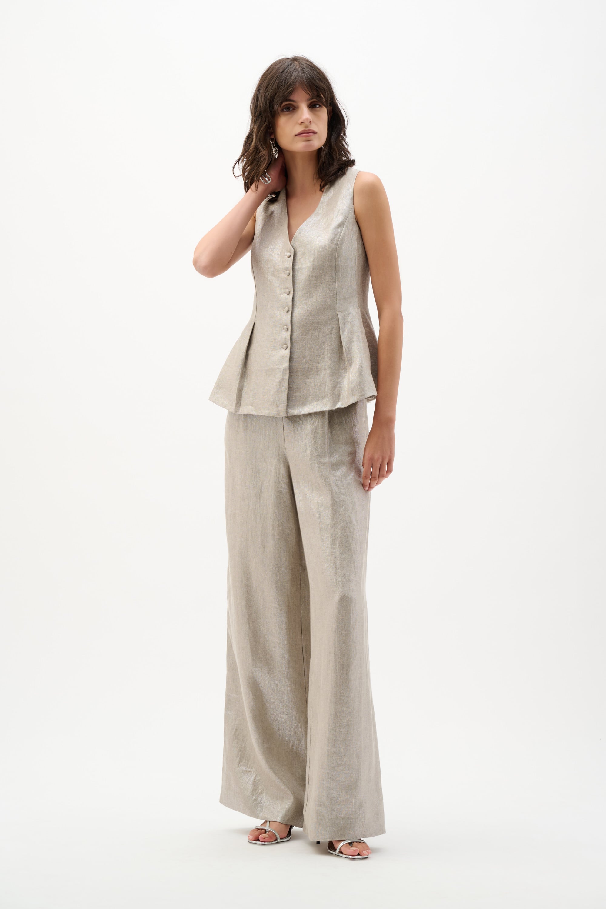 Foiled Linen Pull-On Wide Leg Pants