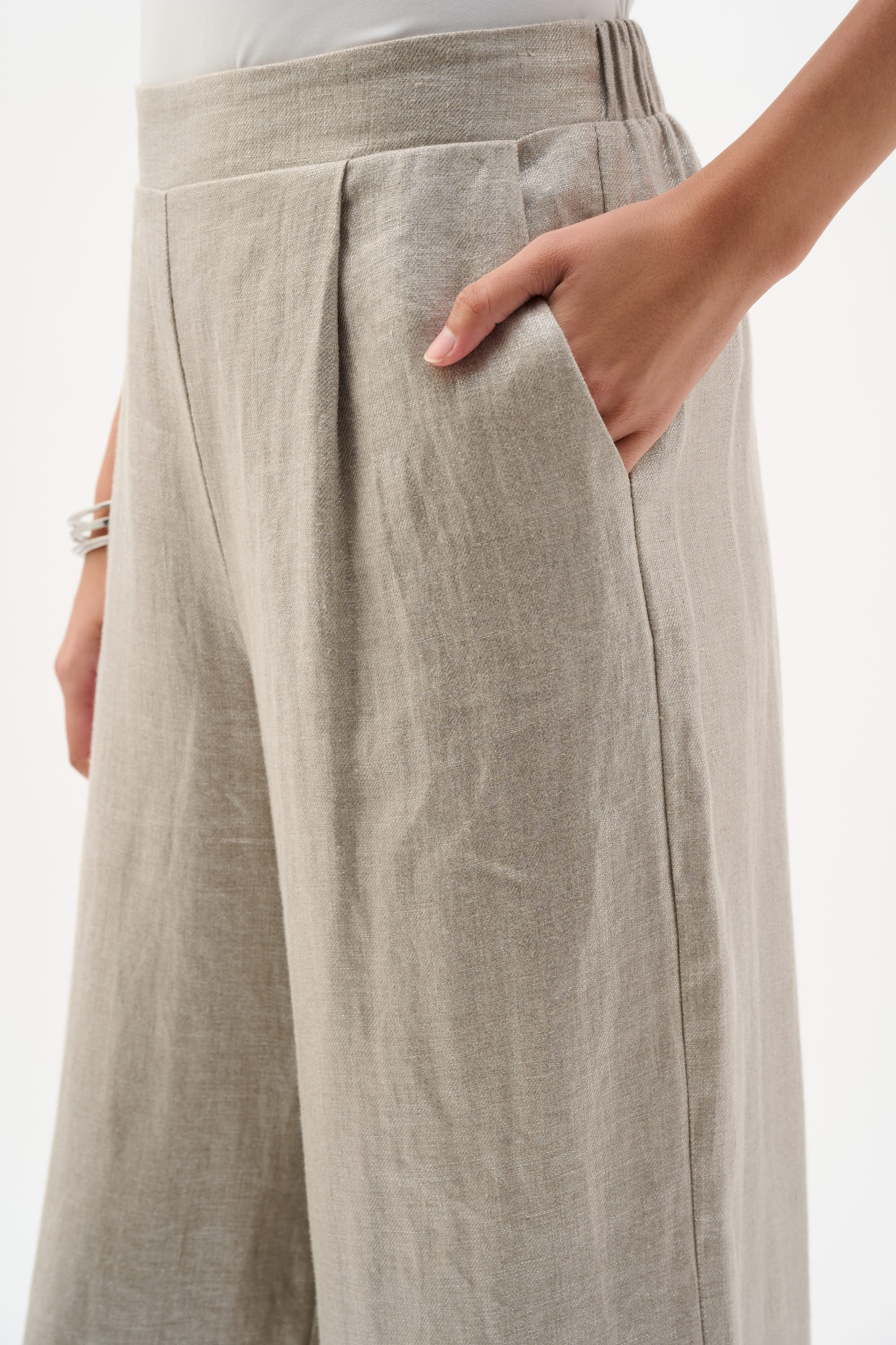 Foiled Linen Pull-On Wide Leg Pants