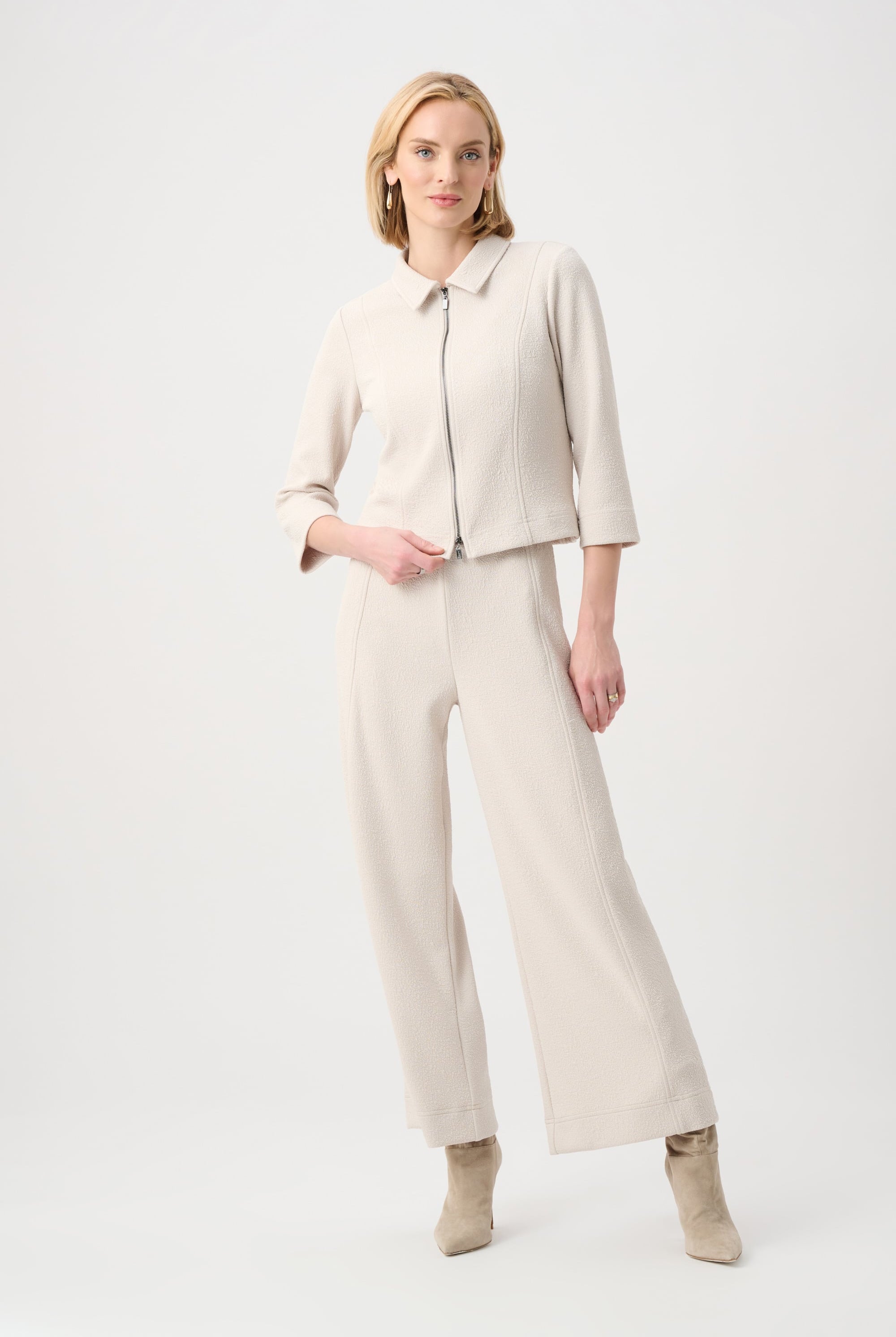 Textured Knit Jacquard Boxy Jacket With Shirt Collar