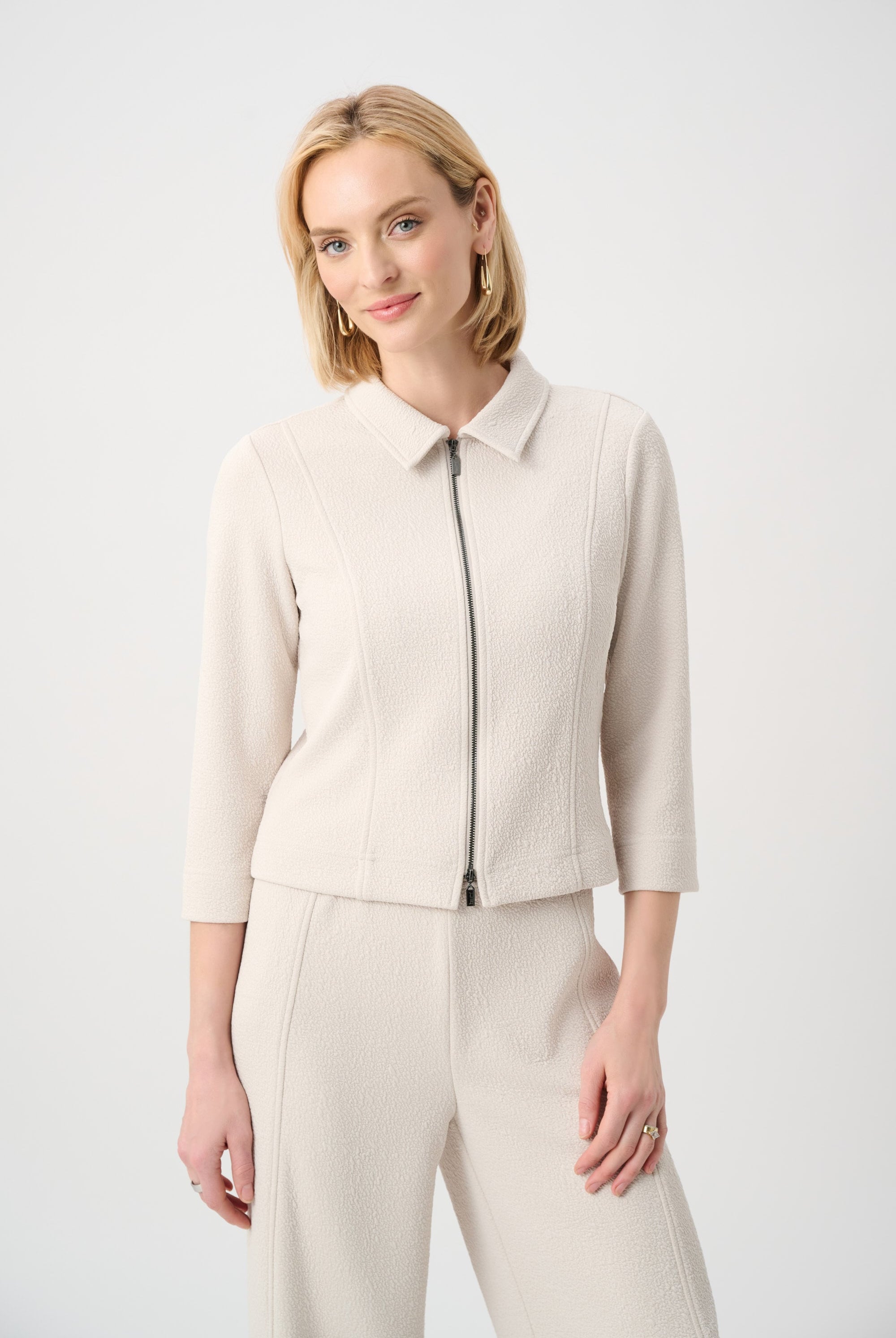 Textured Knit Jacquard Boxy Jacket With Shirt Collar