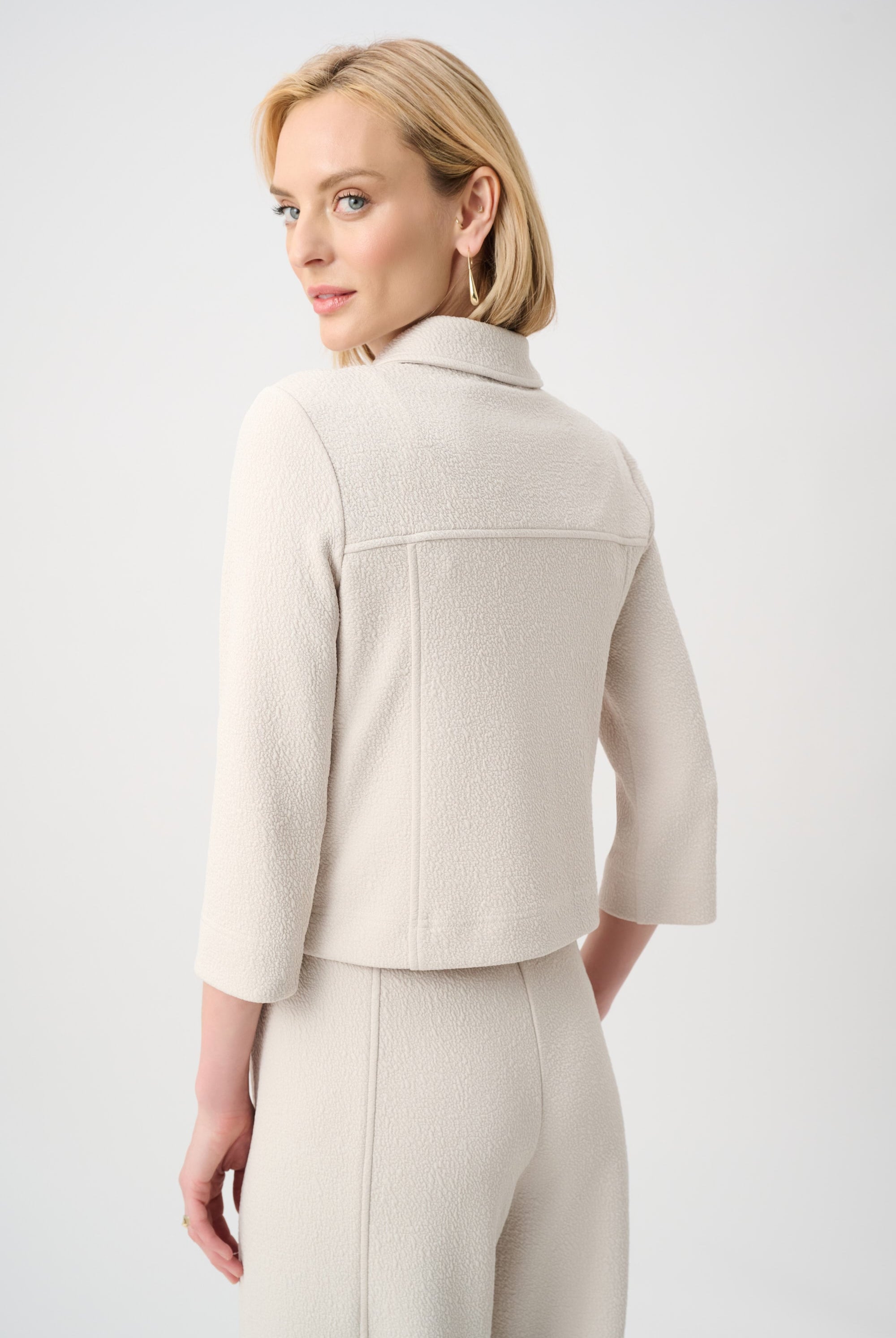 Textured Knit Jacquard Boxy Jacket With Shirt Collar