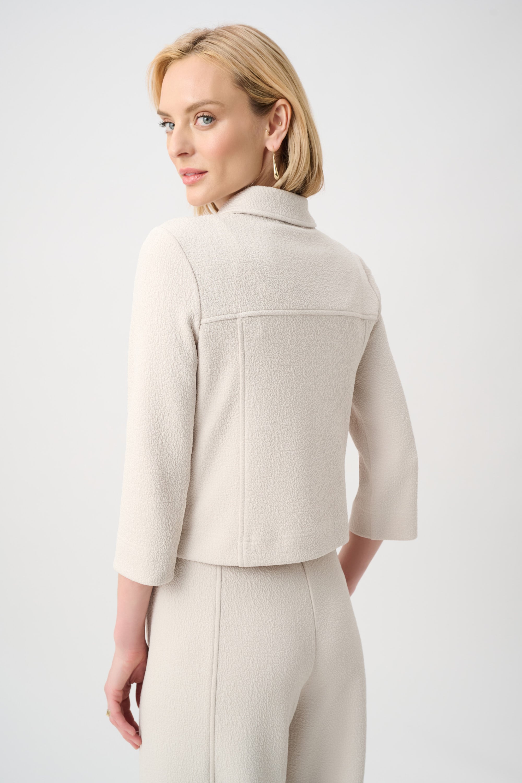 Textured Knit Jacquard Boxy Jacket With Shirt Collar