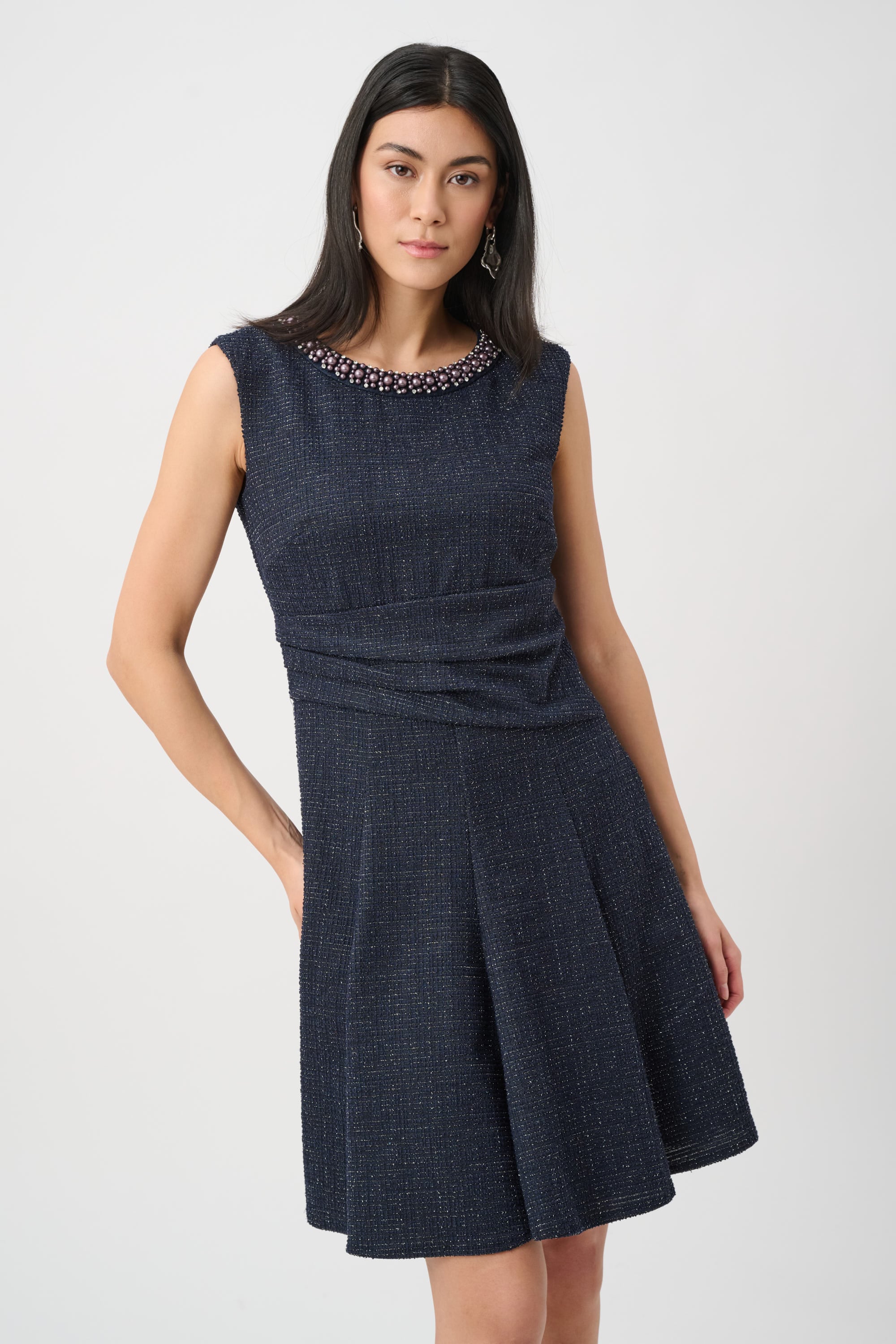 Lurex Boucle Flounce Dress with Pearl Trim