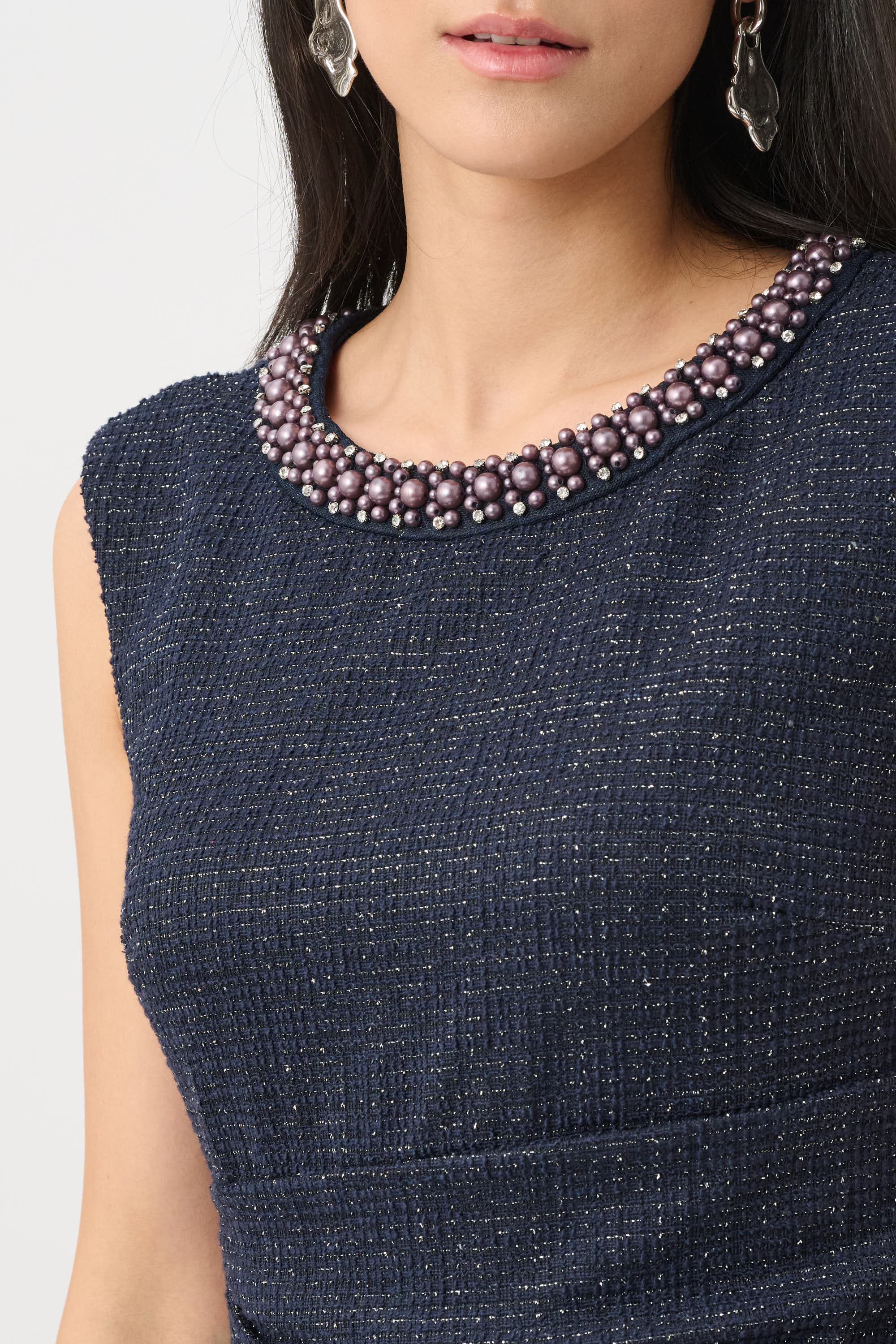 Lurex Boucle Flounce Dress with Pearl Trim
