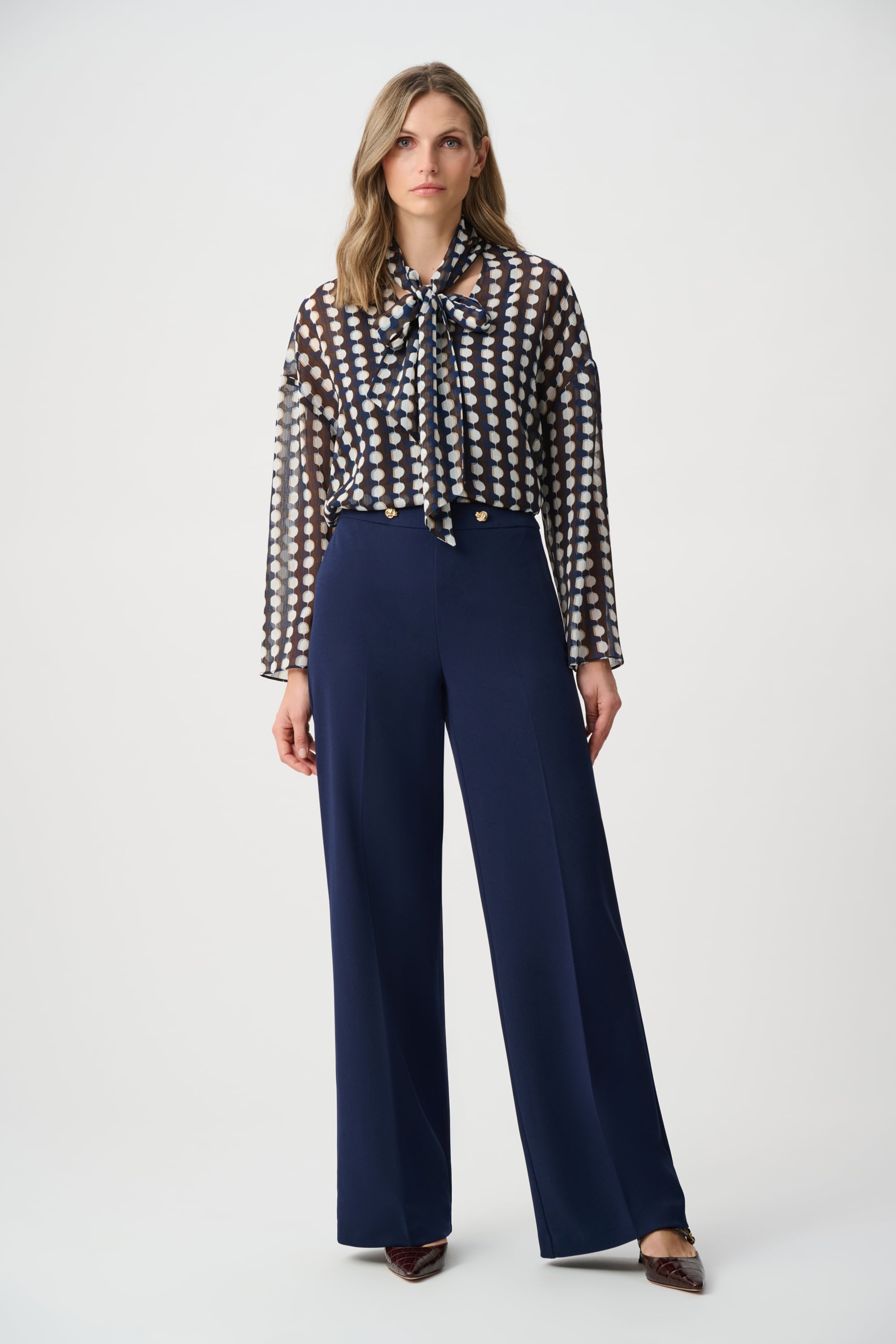 Chiffon Geometric-Print Tie-Neck Blouse