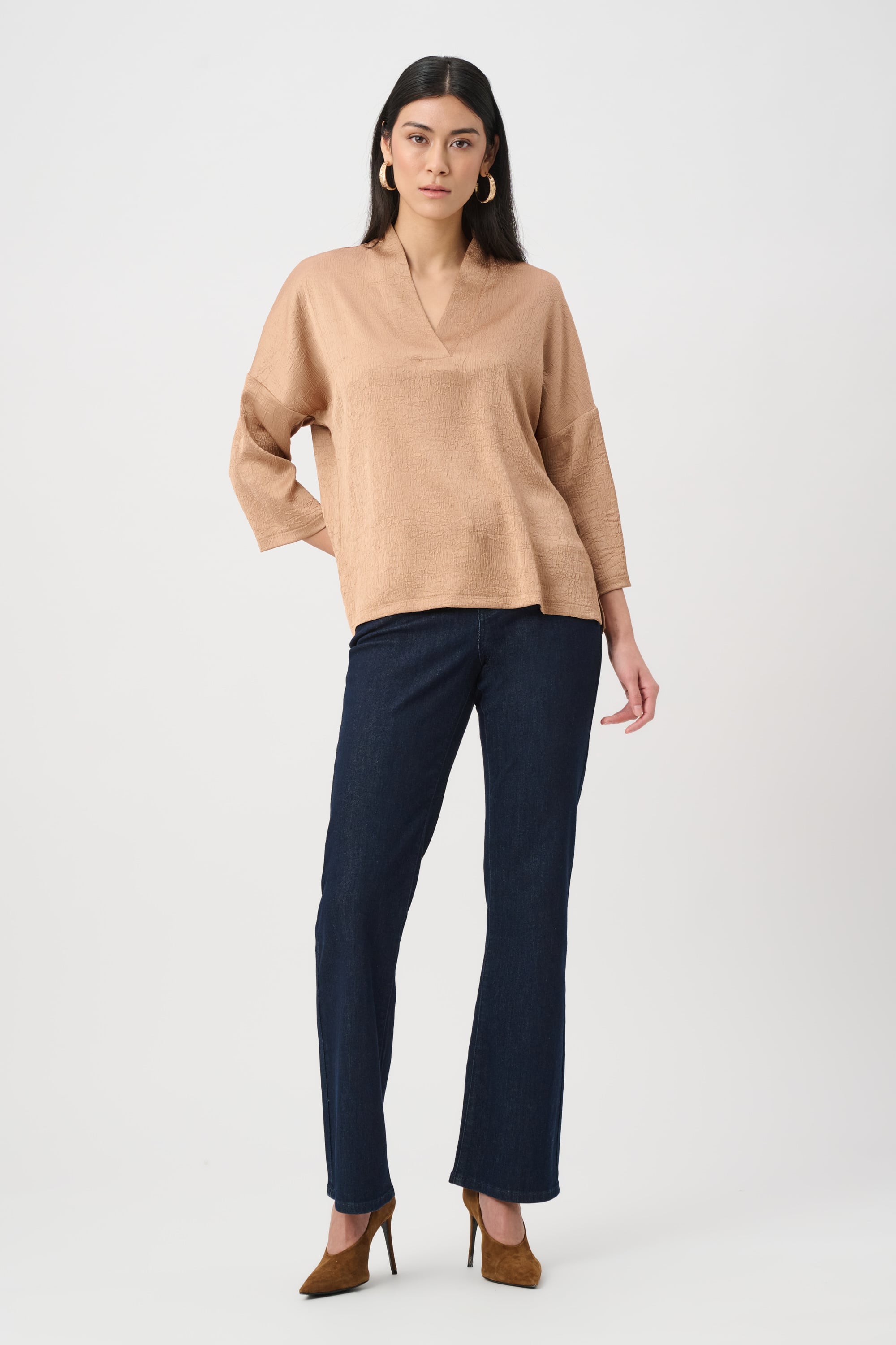 Crushed Satin Straight V-Neck Top