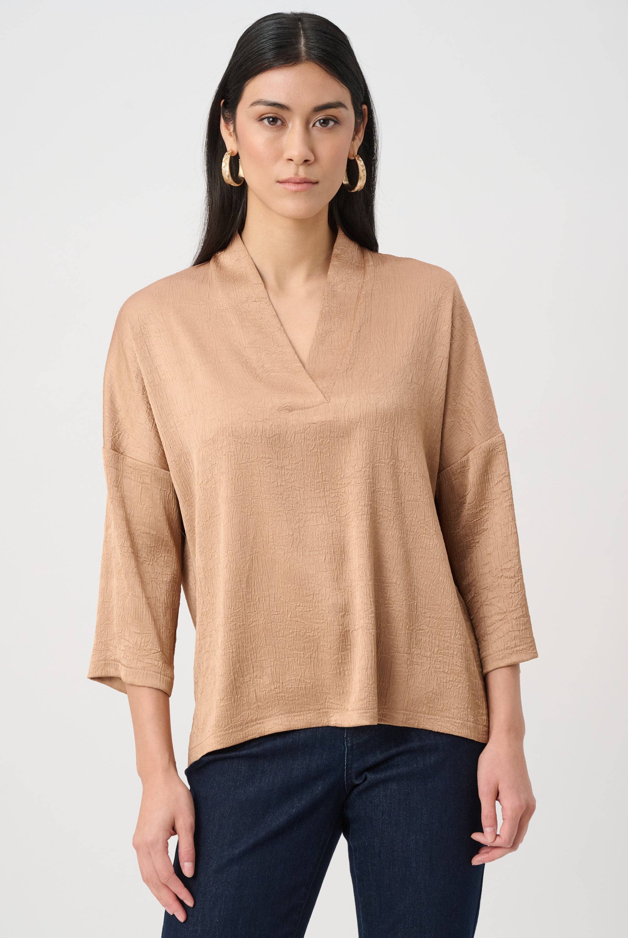 Crushed Satin Straight V-Neck Top