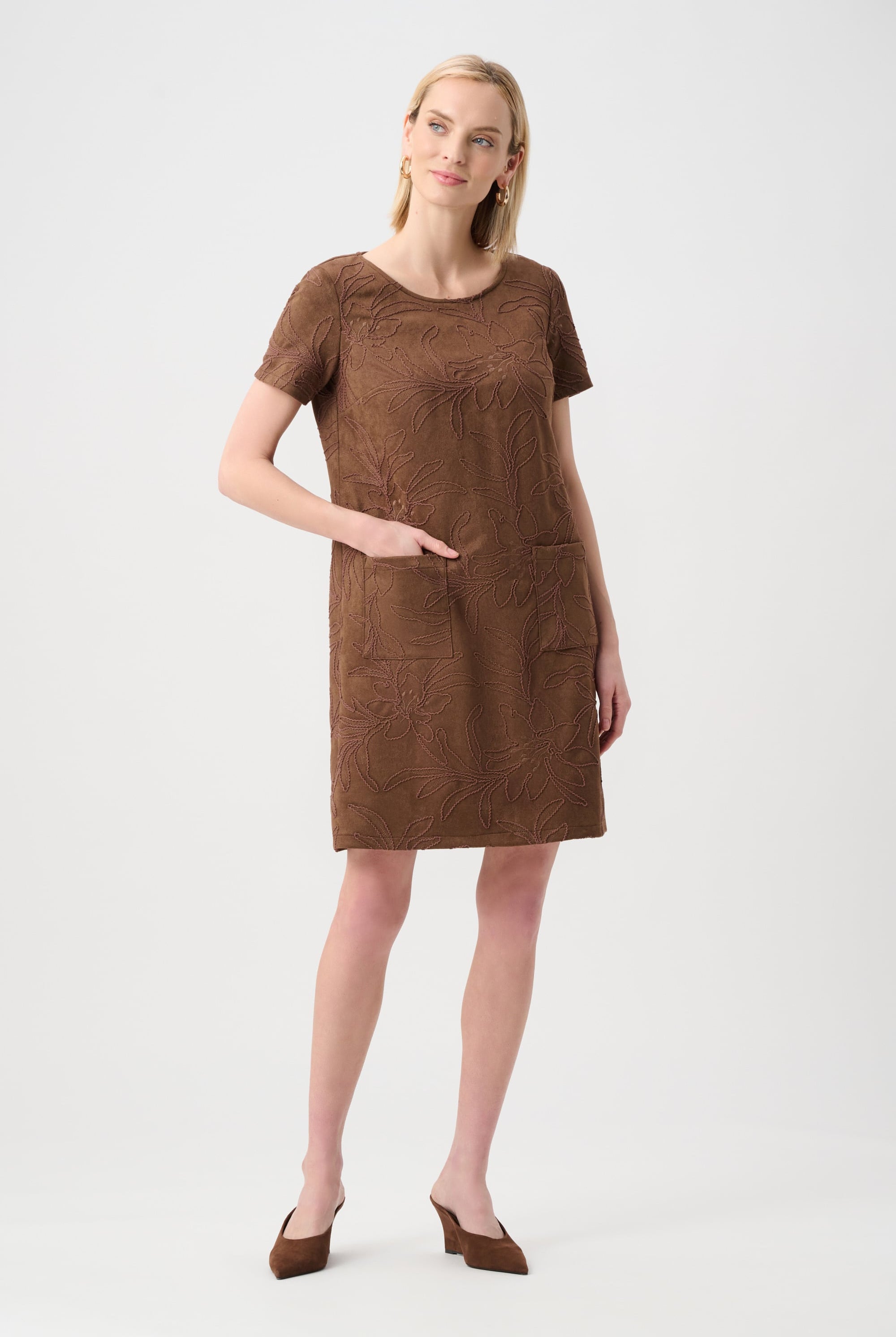 Embroidered Suede Boat-Neck Shift Dress