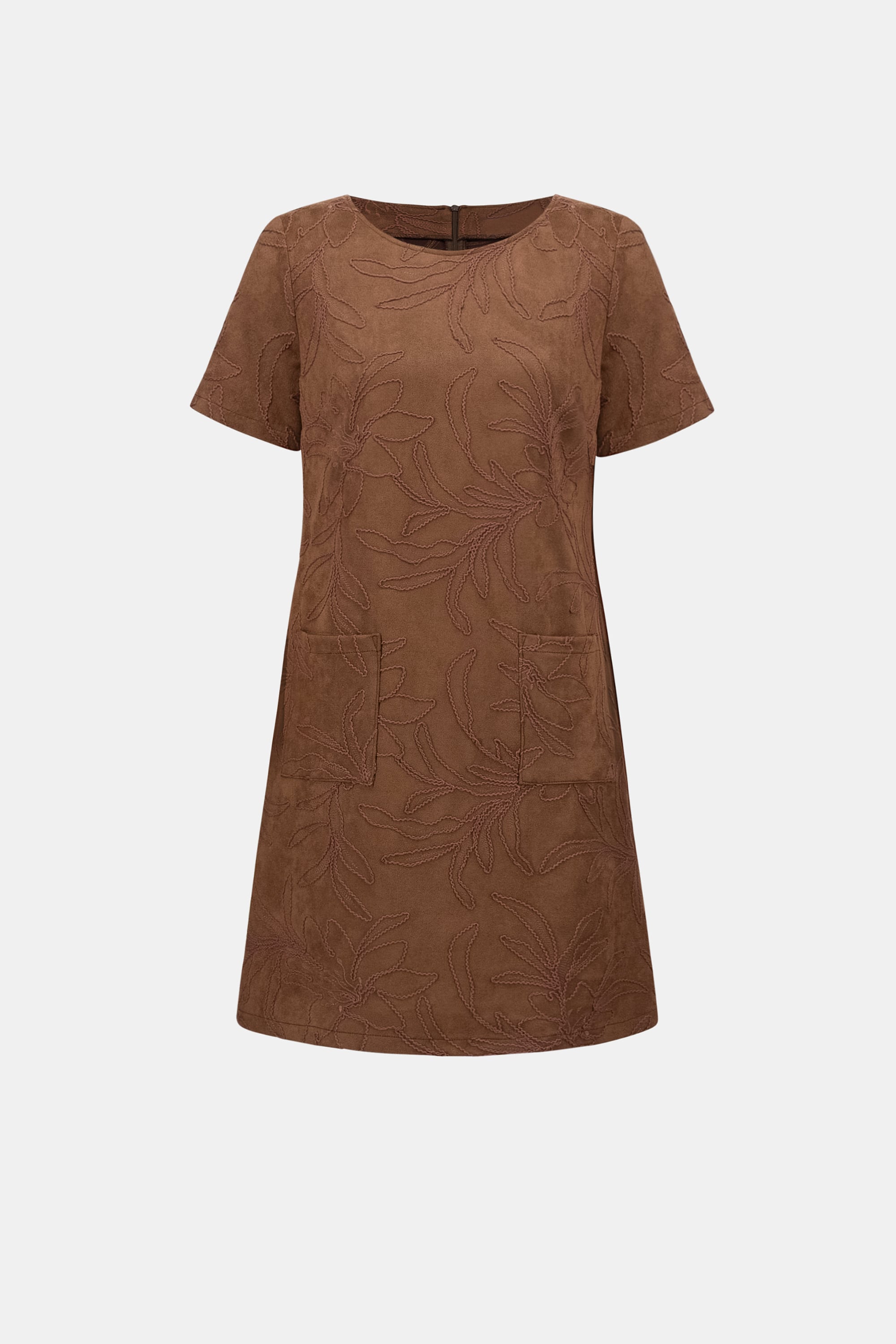 Embroidered Suede Boat-Neck Shift Dress